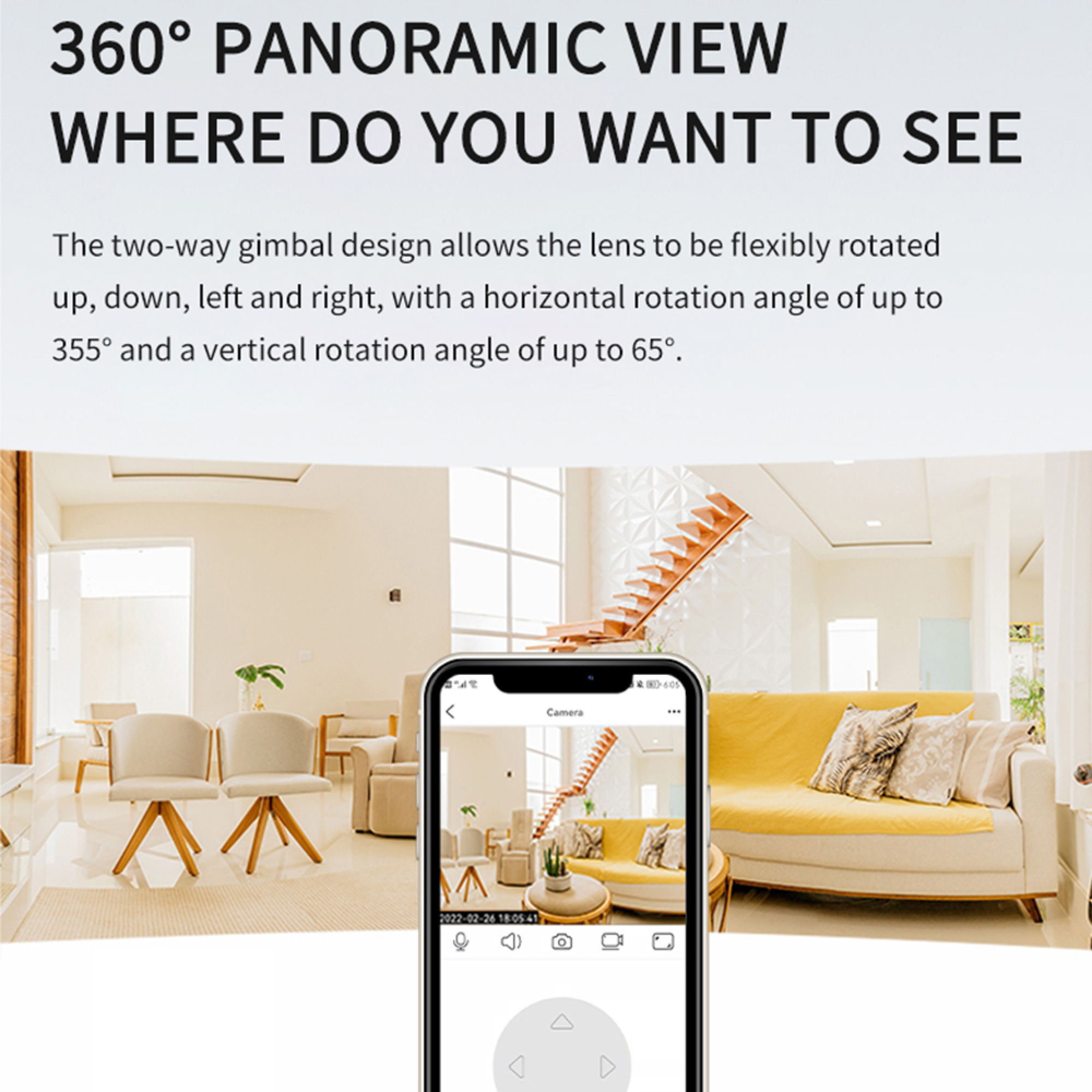 Ein Telefon zeigt ein Wohnzimmer mit einem gelben Sofa, Stühlen und Treppen.