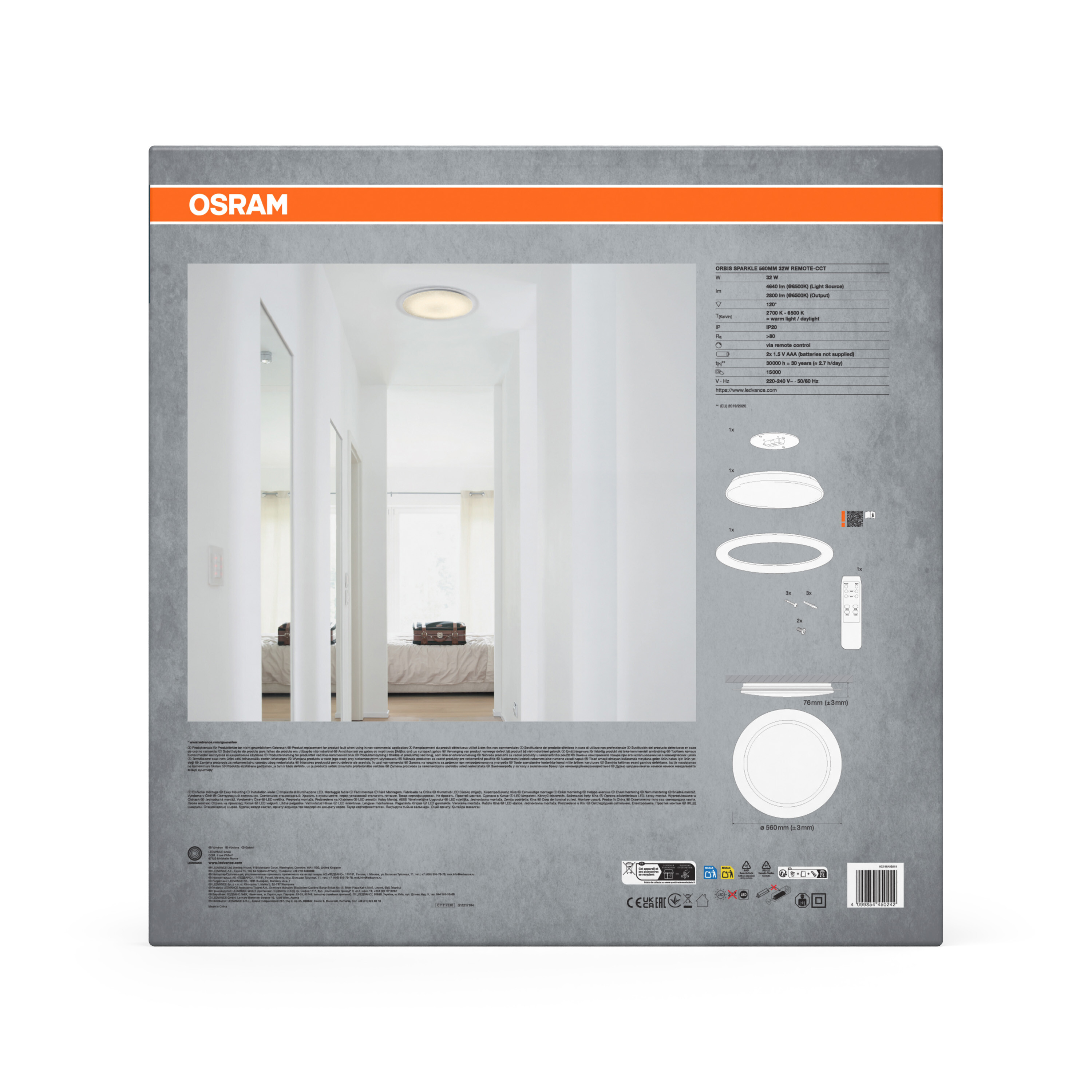 OSRAM Deckenleuchte mit Fernbedienung und Spezifikationen.