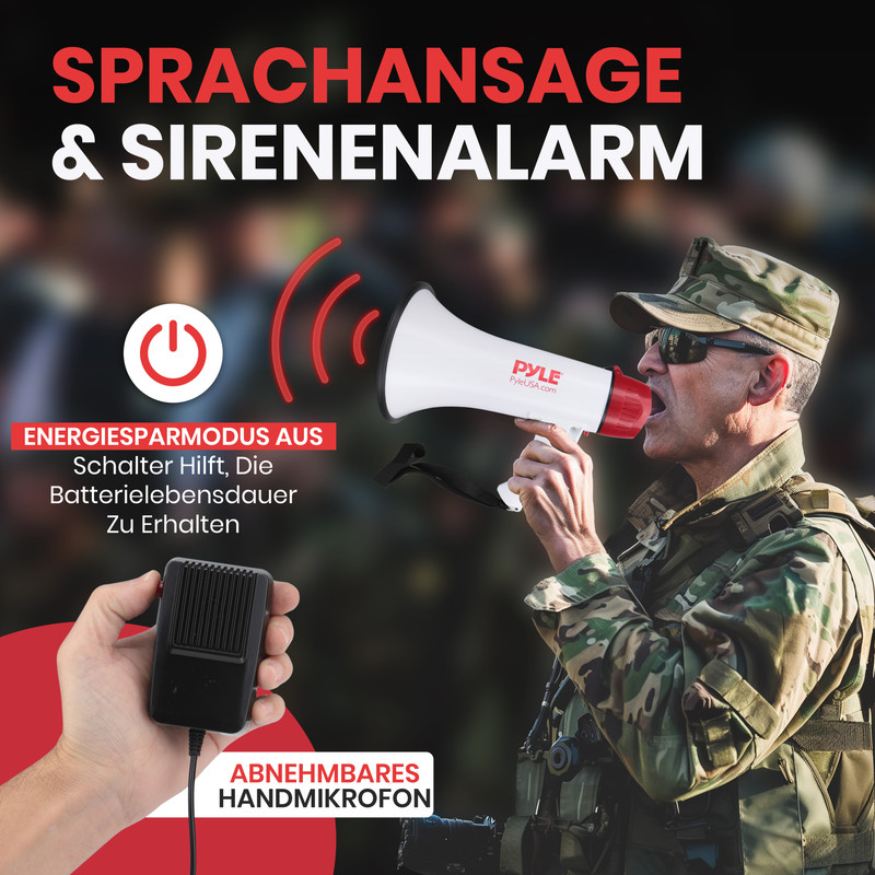 Soldat spricht in Megafon, hält Mikrofon. Text: Sprachansage & Sirenenalarm.