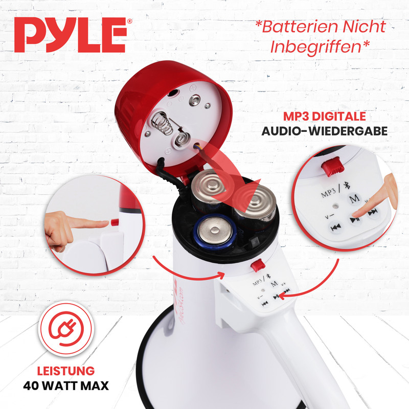 Pyle Megafon mit Batteriefach, Bedienelementen und Leistungsinformationen.