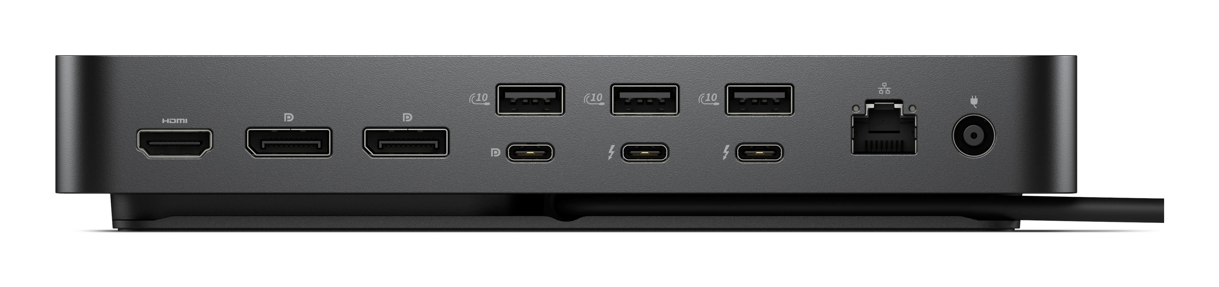 Rückseite einer Dockingstation mit HDMI, USB-A und USB-C Anschlüssen.