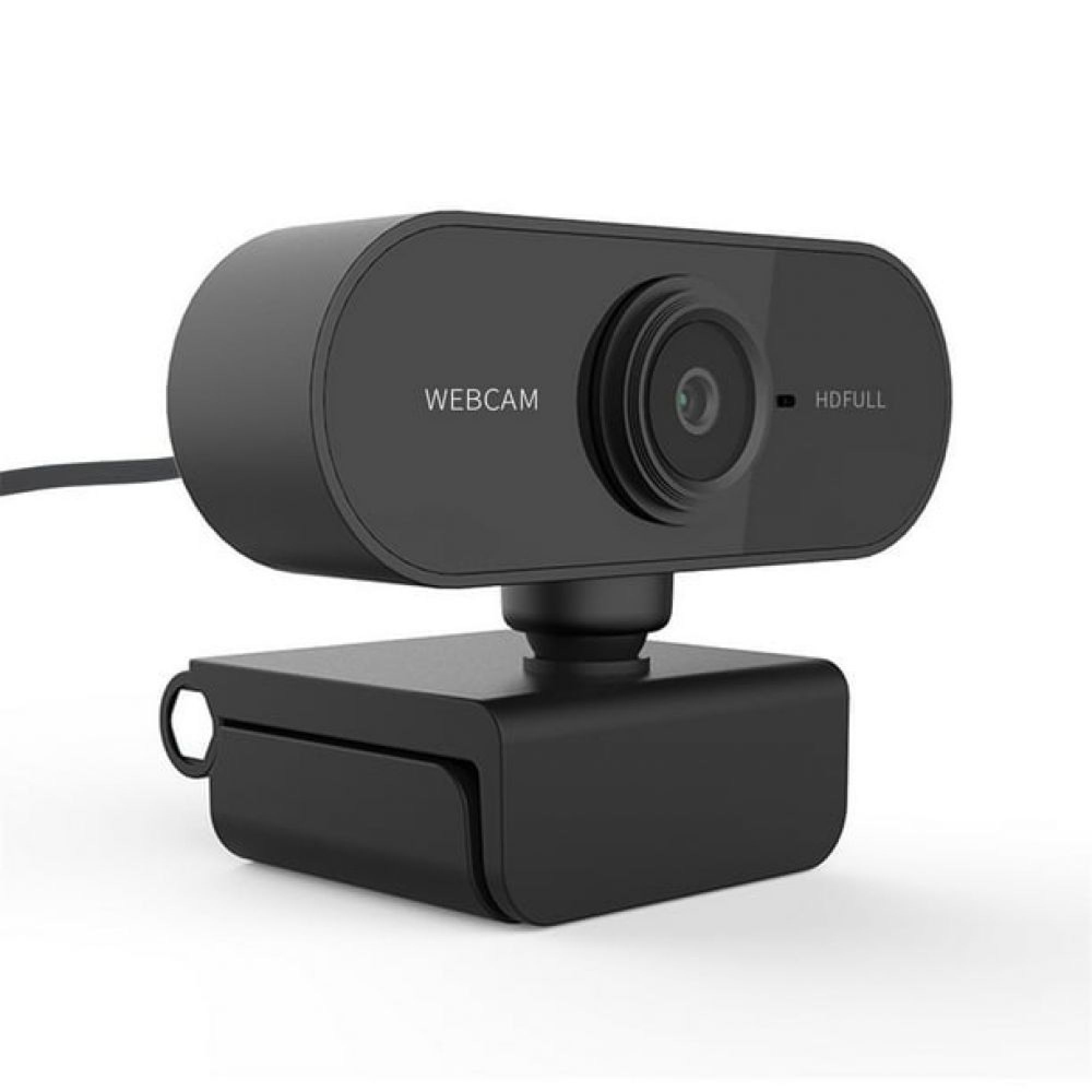 Eine schwarze Webcam mit HDFULL-Beschriftung und einem schwenkbaren Sockel.