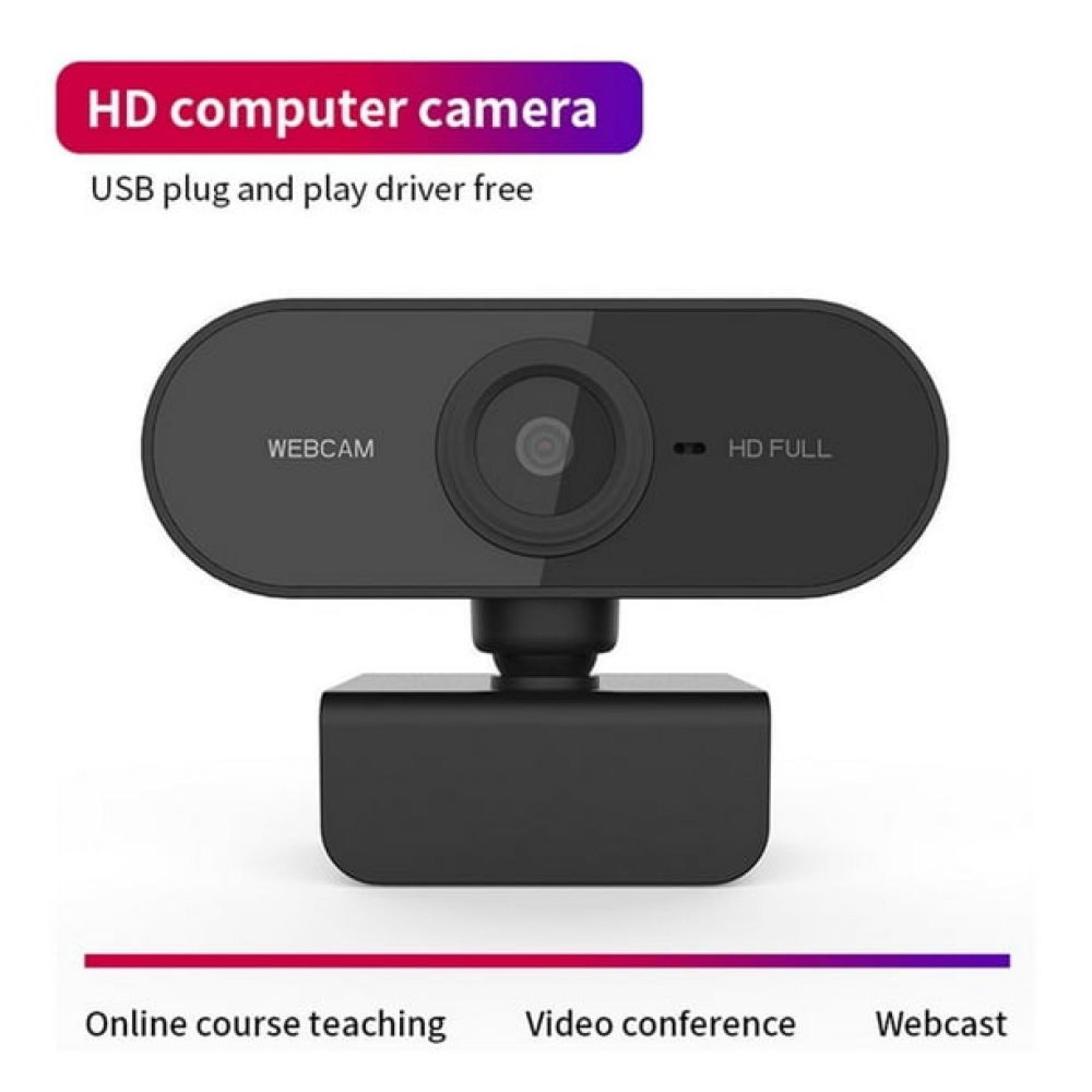 Eine schwarze HD-Webcam mit integriertem Mikrofon und Ständer, für Online-Kurse.