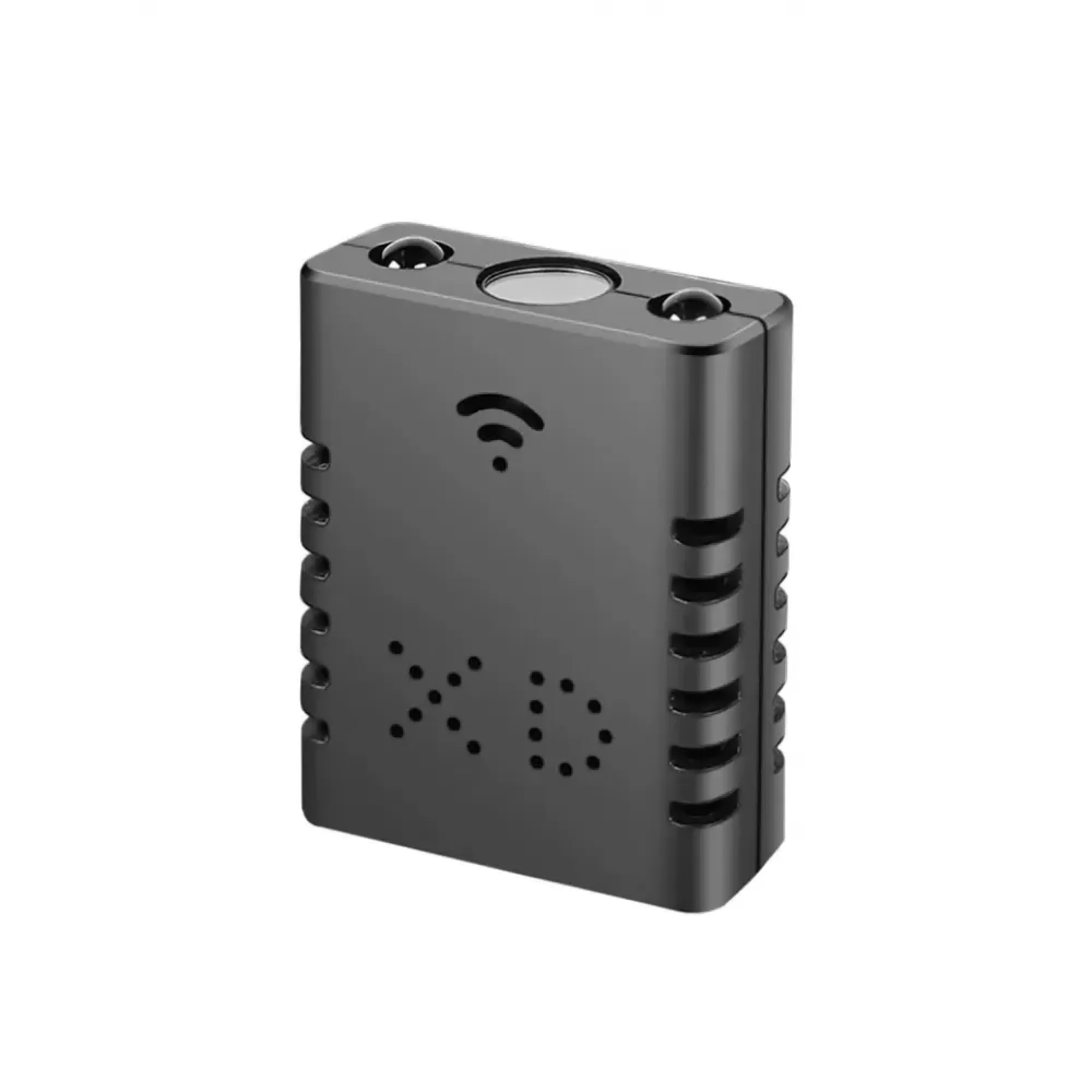 Ein kleines schwarzes rechteckiges Gerät mit Lüftungsschlitzen und einem WLAN-Symbol.