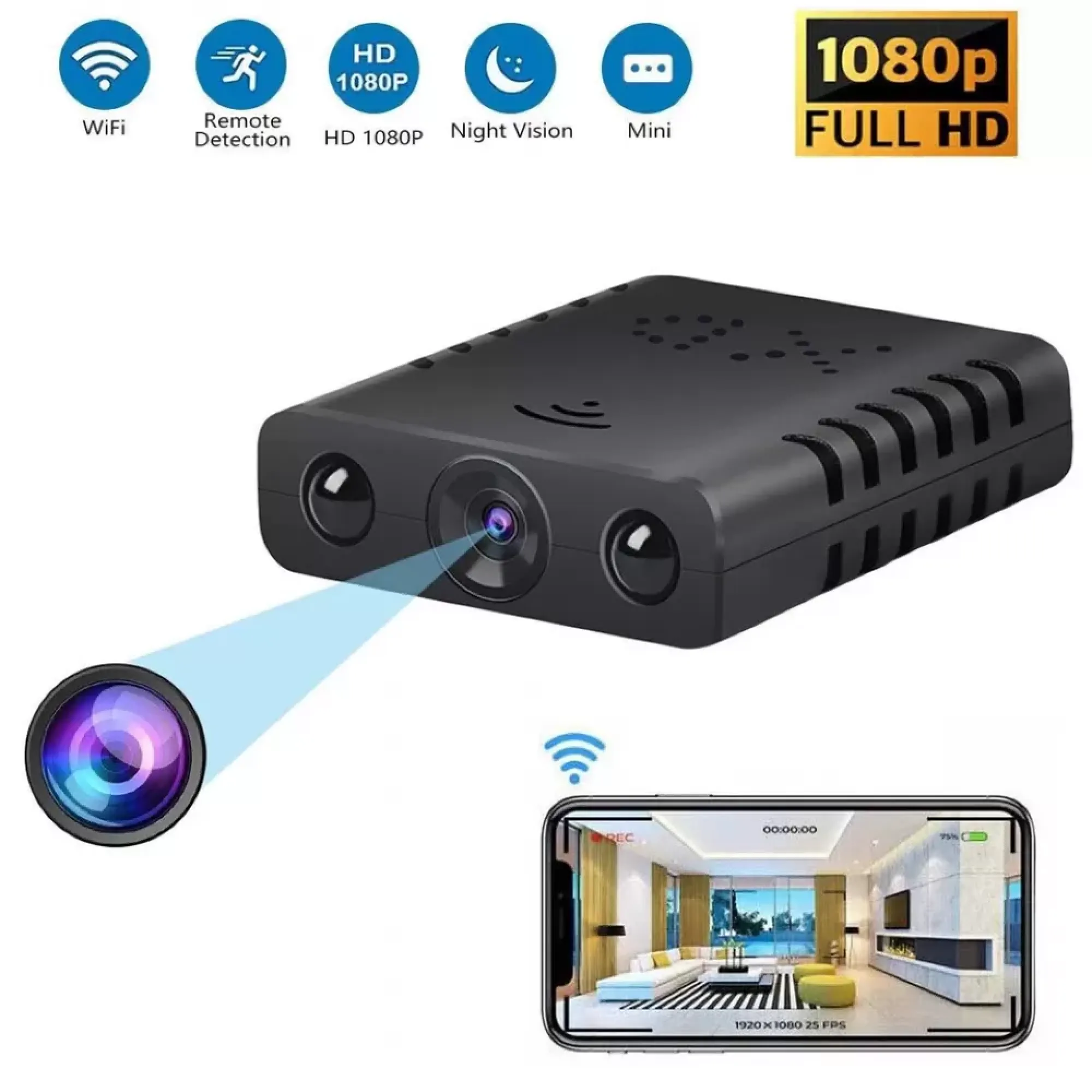Kleine schwarze Kamera mit HD-Anzeige, die ein Wohnzimmer auf einem Smartphone zeigt.