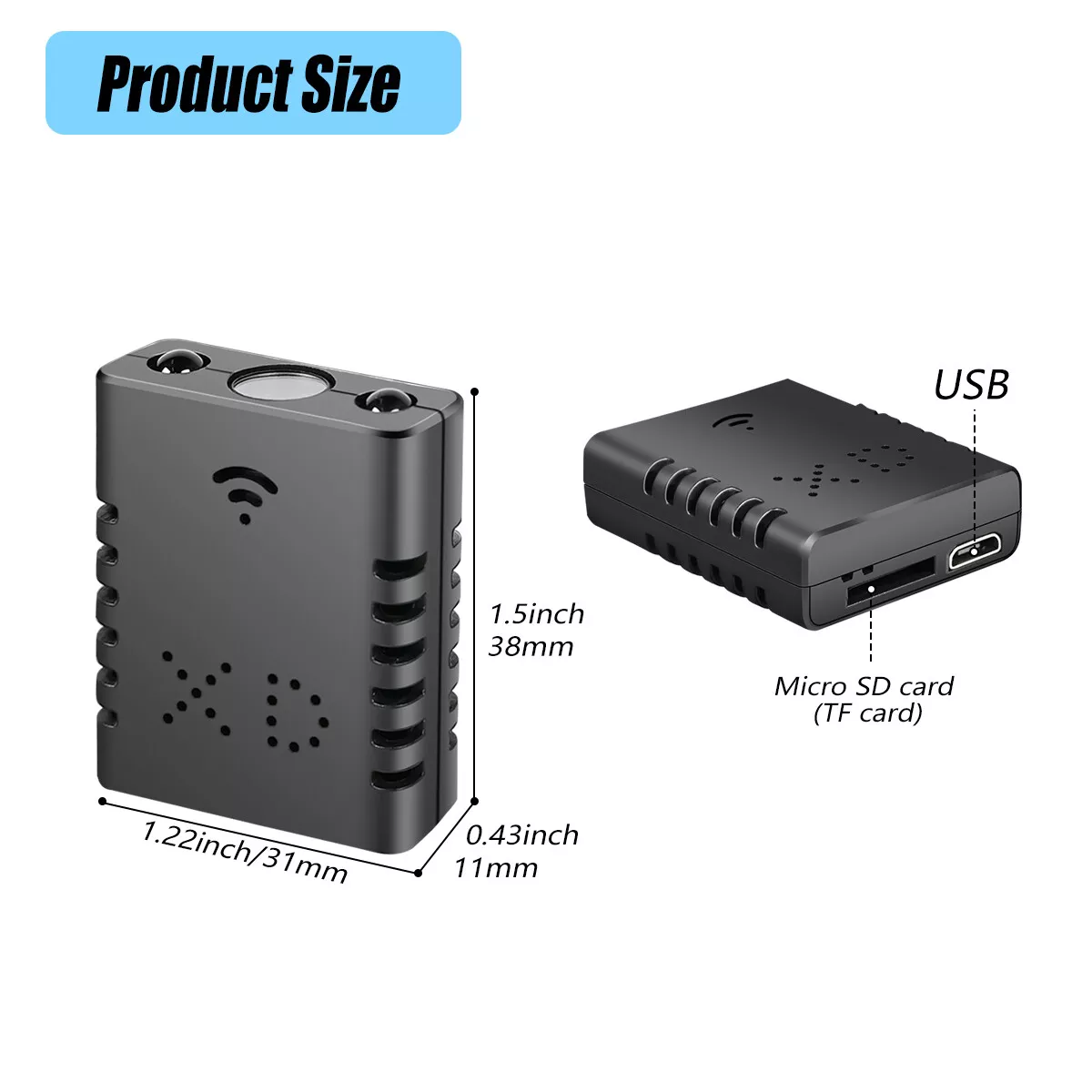 Zwei schwarze Mini-Geräte mit Größenangaben. Links ein Gerät mit Linsen und Wi-Fi-Symbol. Rechts ein Gerät mit USB- und Micro-SD-Anschluss.