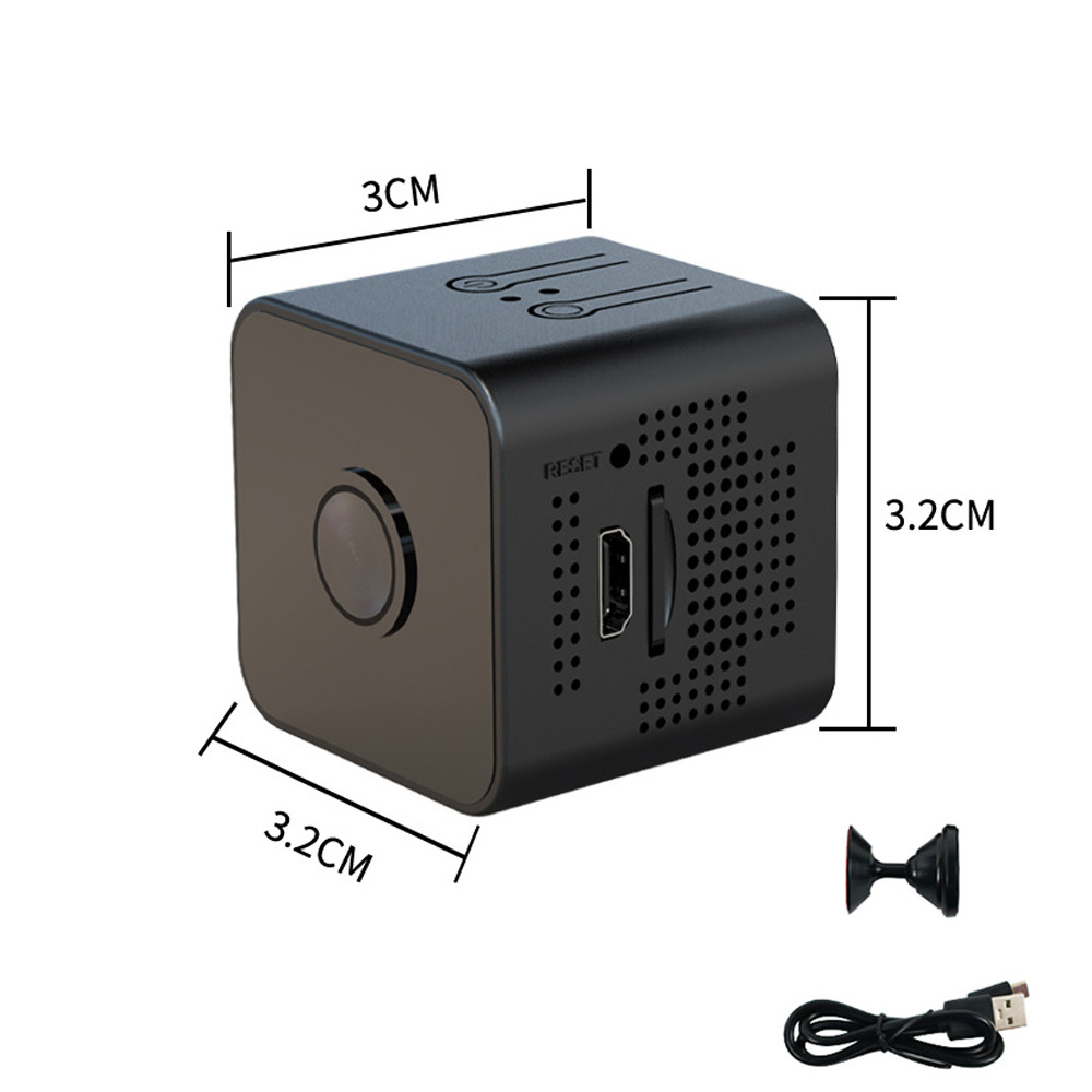 Schwarze Mini-Kamera 3x3x3,2 cm mit USB-Kabel und Saugnapfhalterung.