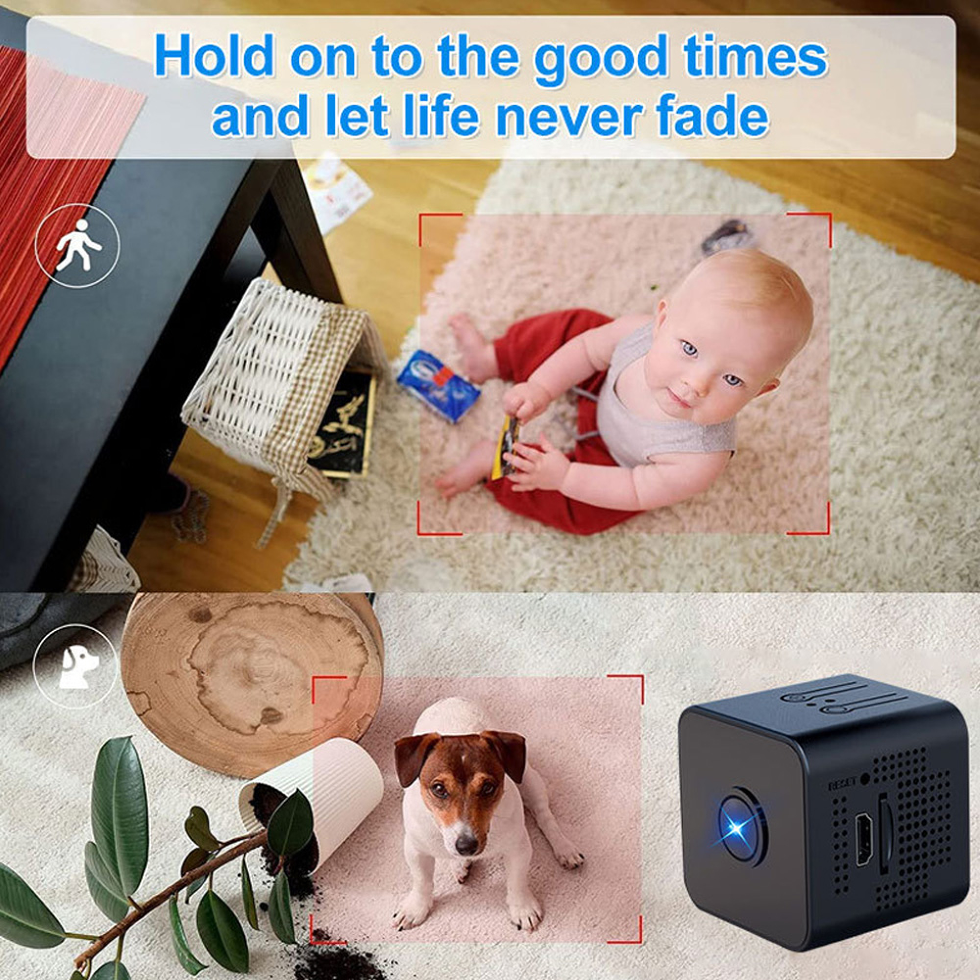 Ein Baby liegt auf einem Teppich, ein Hund auf dem Boden und eine kleine schwarze Kamera.