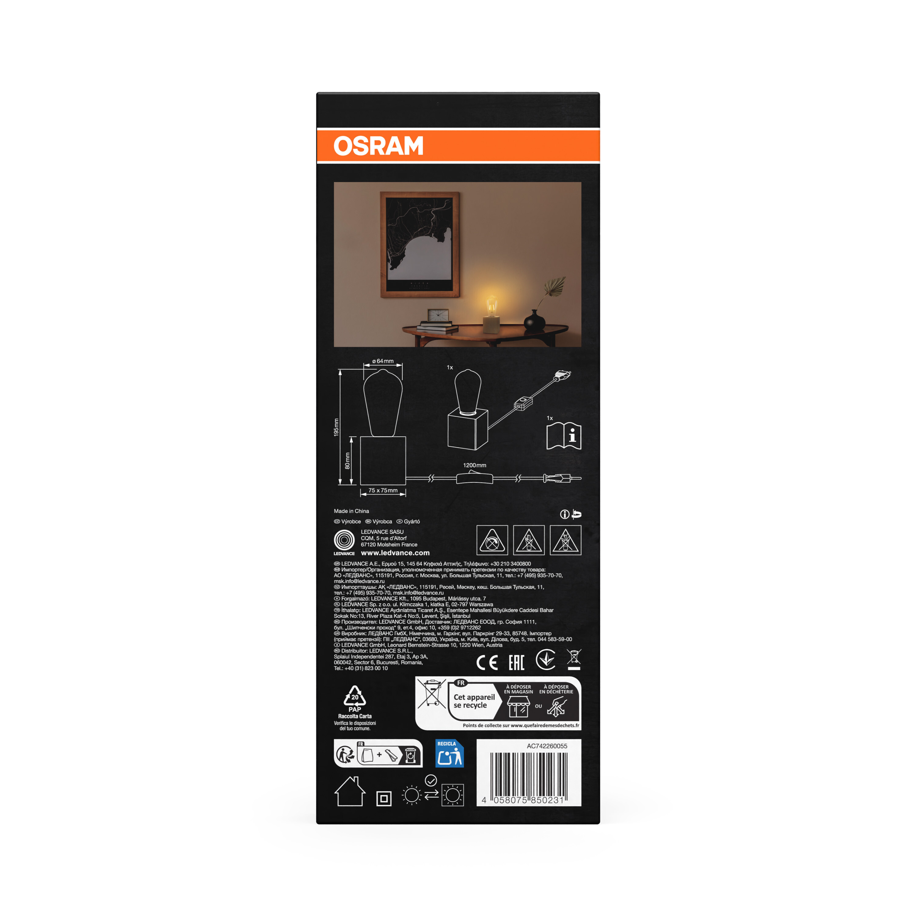 OSRAM-Verpackung mit Abmessungen und Produktbild einer Lampe.