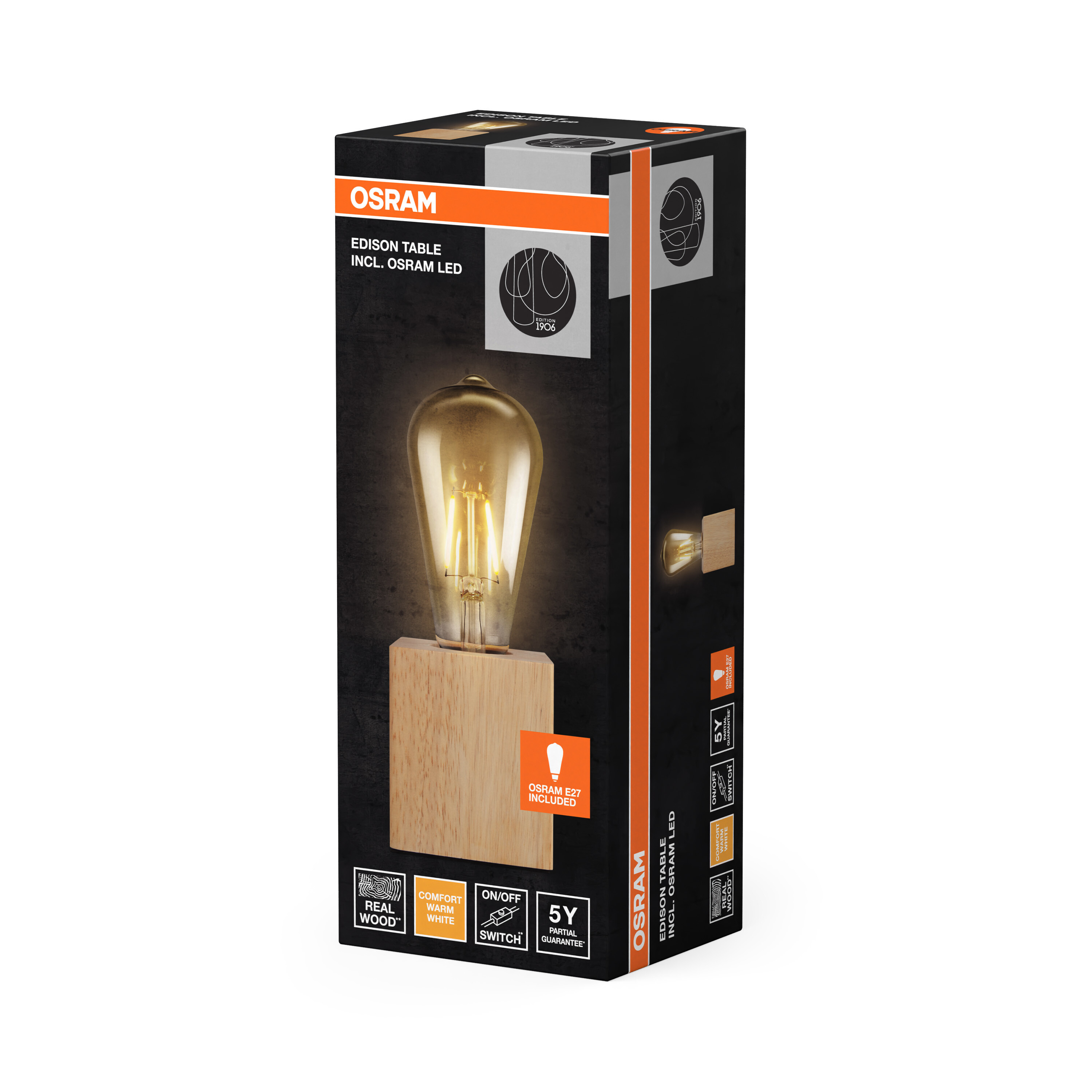 OSRAM Edison Tischlampe Box mit Glühbirne auf Holzsockel, warmweißes Licht.