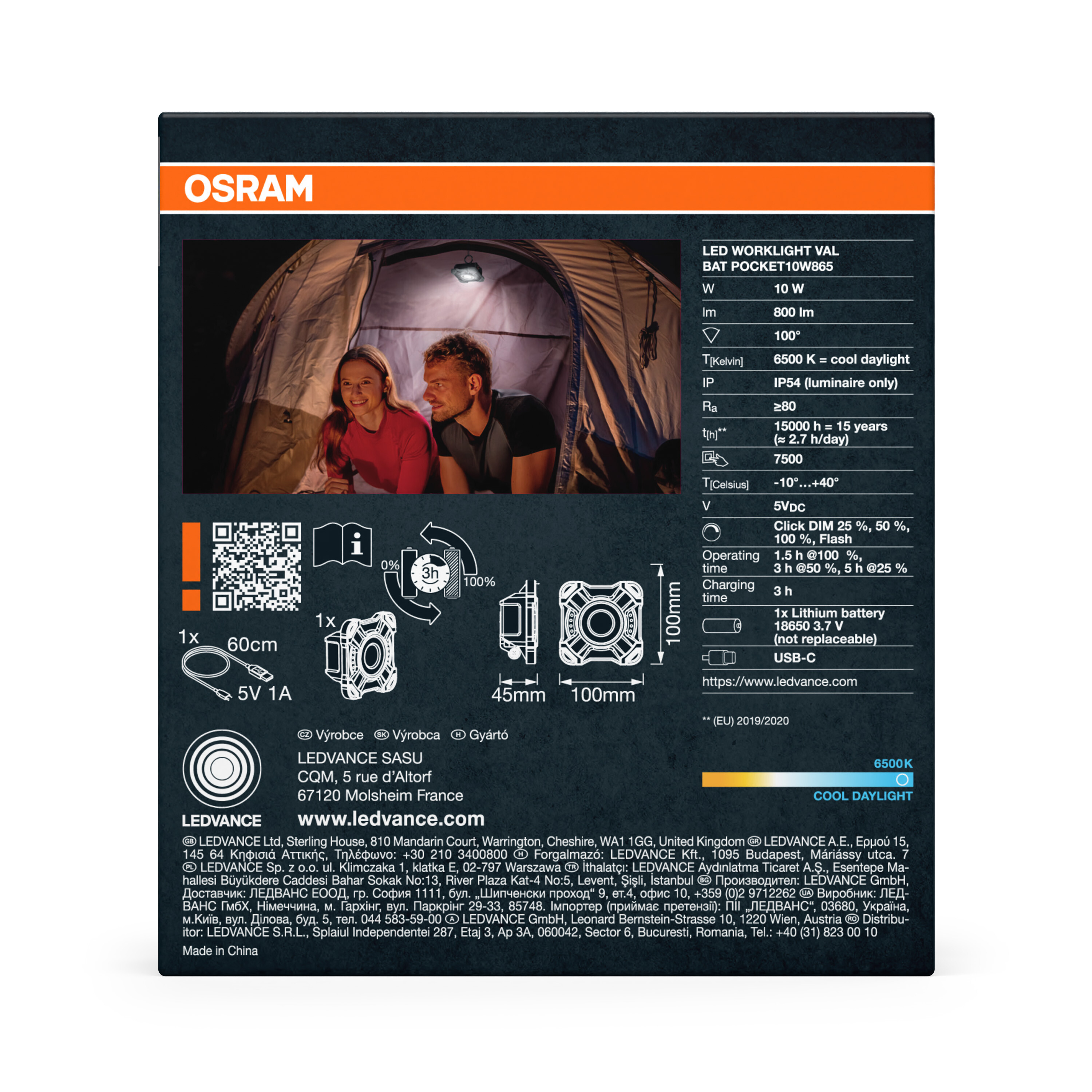 Ein Paar im Zelt, beleuchtet von einer Osram Lampe. Technische Daten sind auf der rechten Seite.