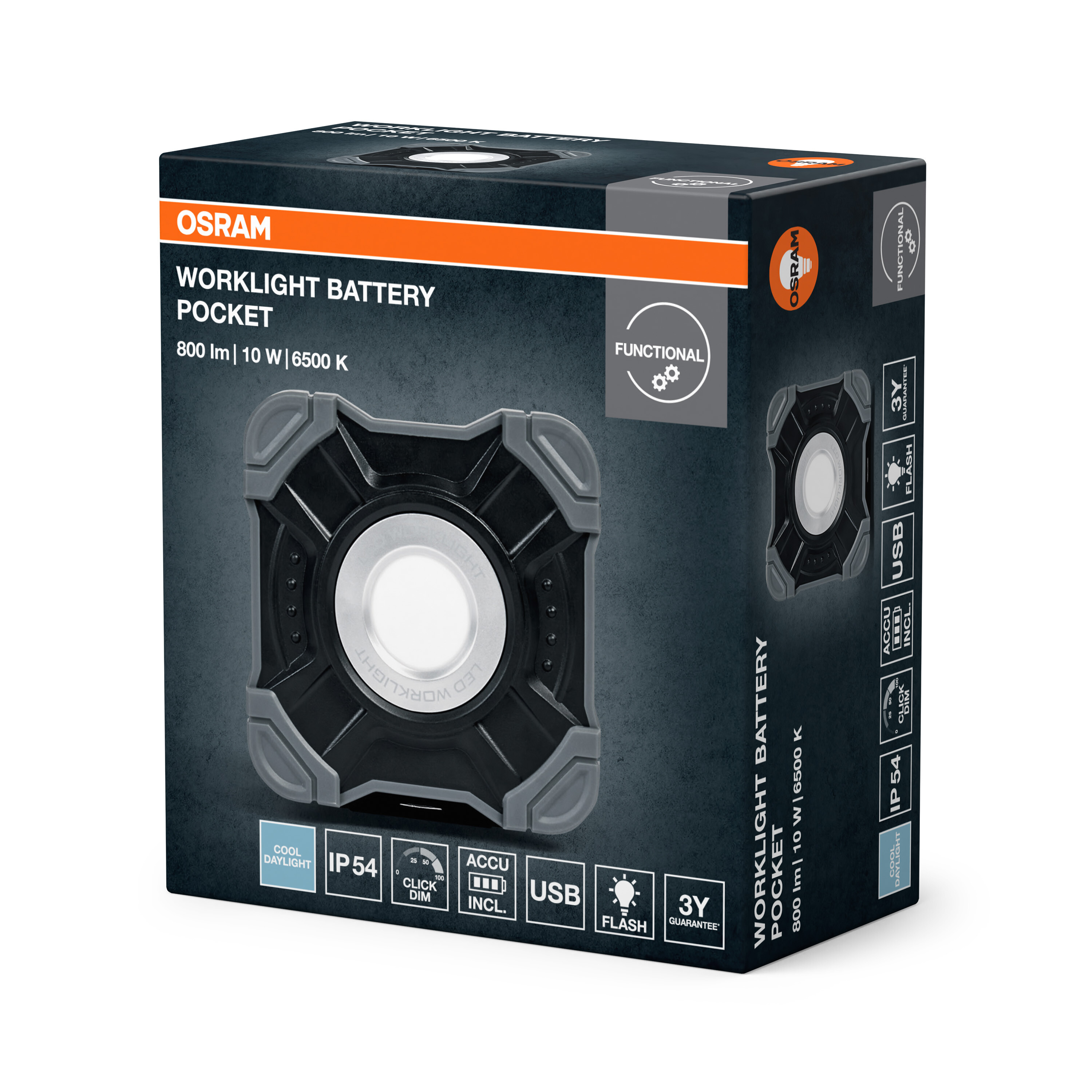 OSRAM Worklight Pocket Verpackung mit Produktbild, technischen Daten und Symbolen.