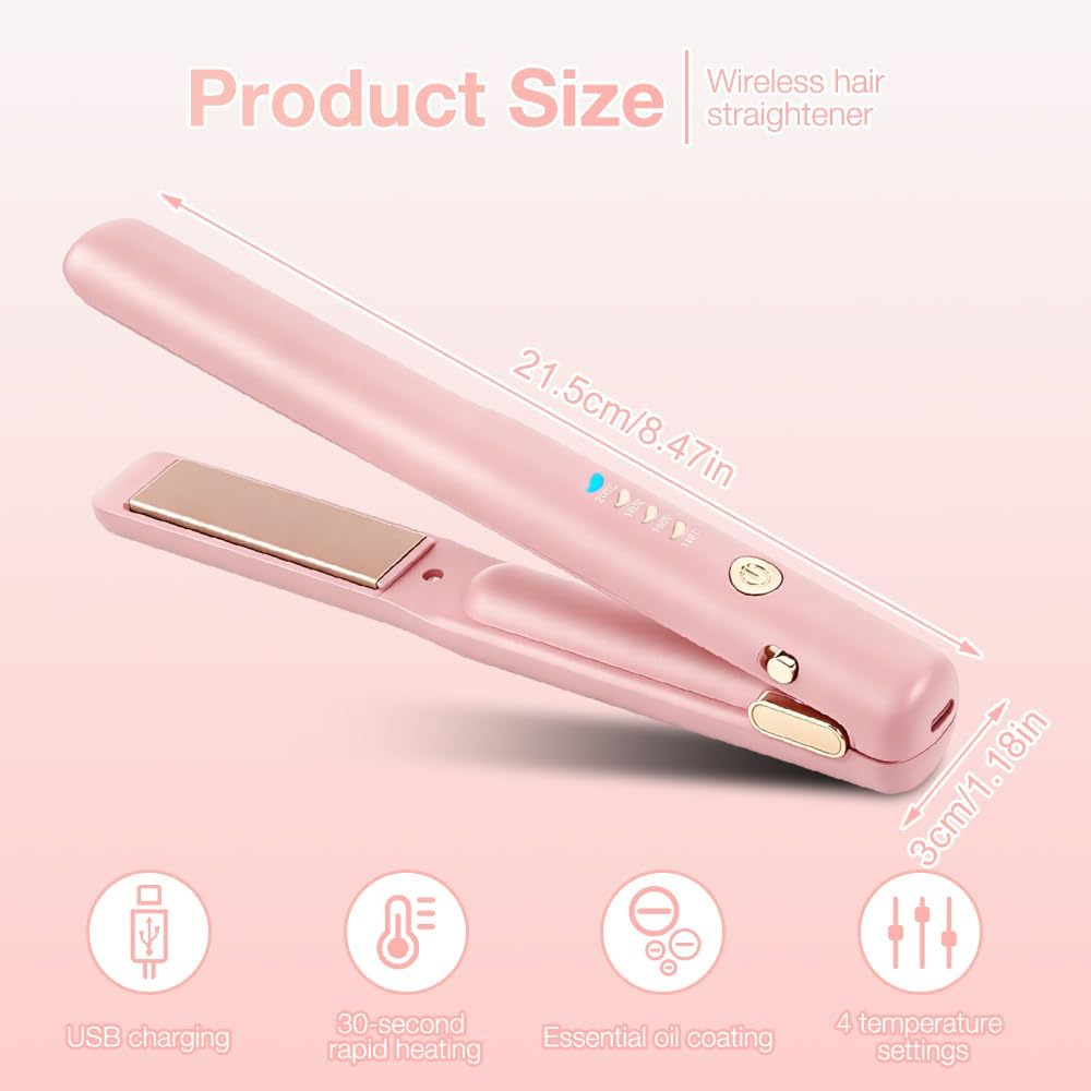 Ein rosa kabelloser Haarglätter wird gezeigt, mit Maßen 21,5 cm x 3 cm. Merkmale sind USB-Aufladung, schnelles Aufheizen und 4 Temperatureinstellungen.