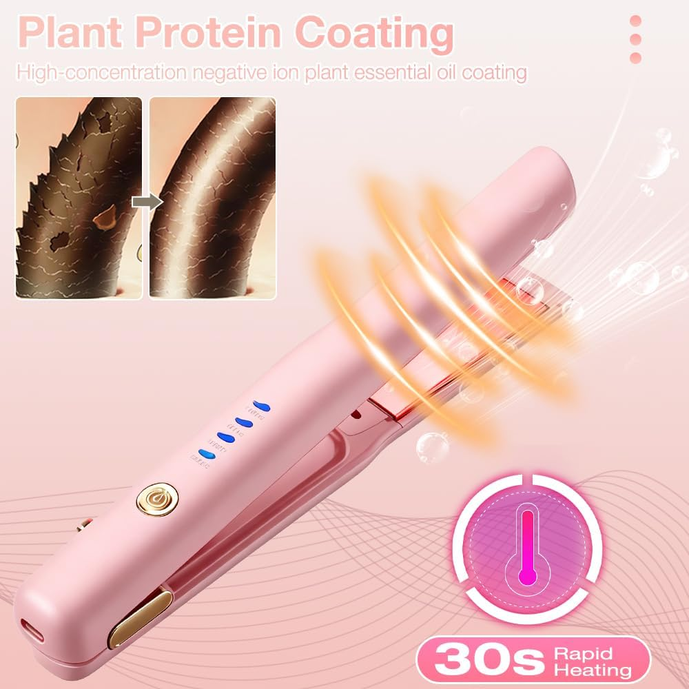 Ein pinker Glätteisen mit Symbolen für die Temperatureinstellung und ein Thermometer.