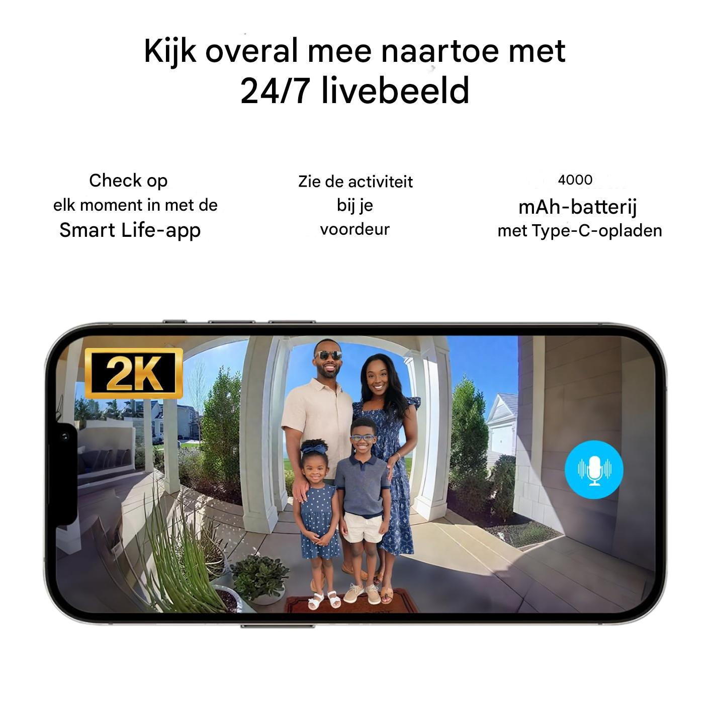 Familie vor einem Haus mit 2K-Kamera-Ansicht, Text über App und Akku.