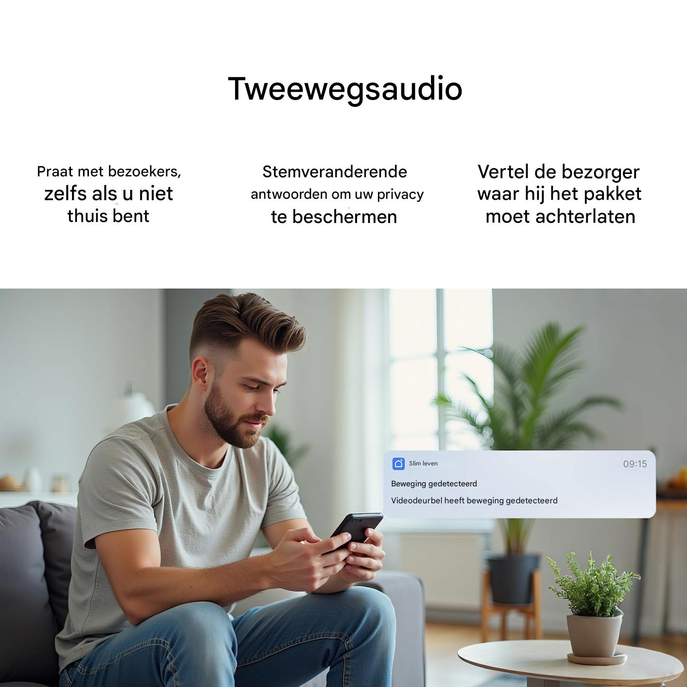 Mann sitzt auf Sofa und schaut auf sein Handy. Benachrichtigung auf dem Bildschirm.