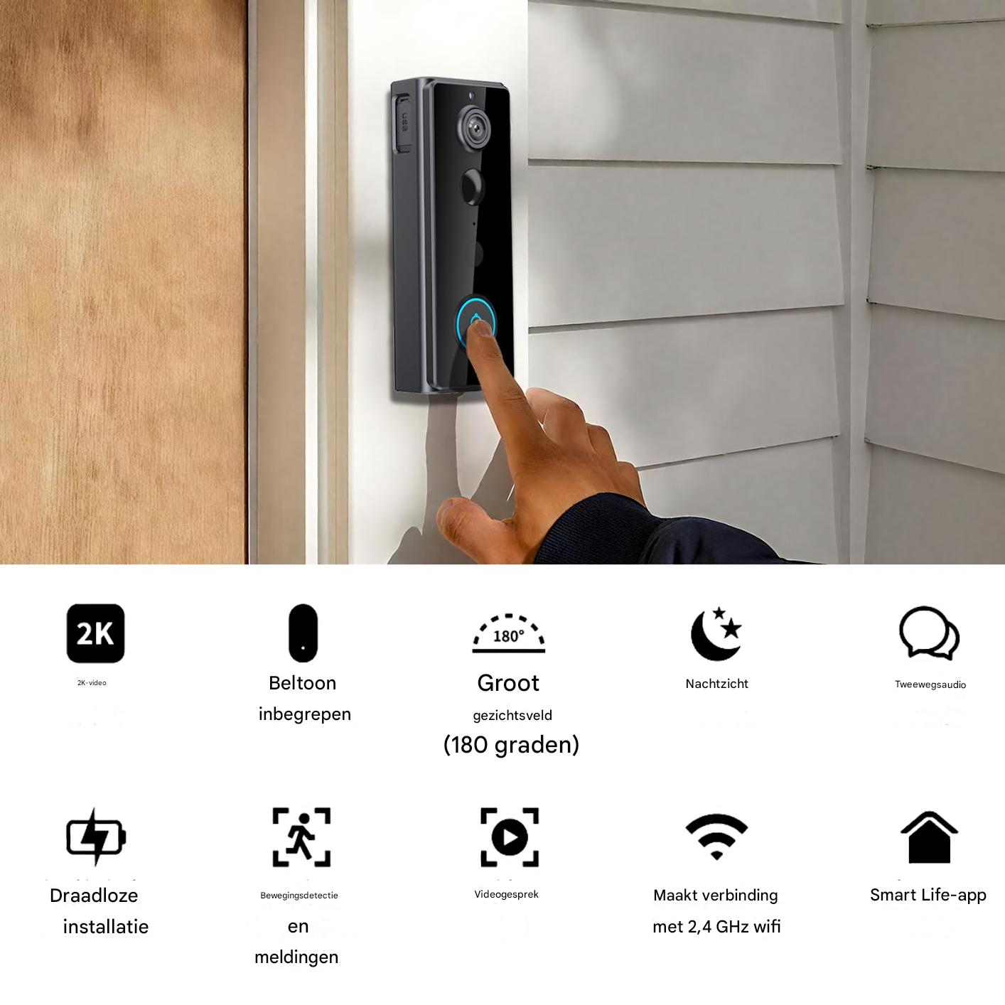 Ein Finger drückt auf eine smarte Türklingel mit 2K-Video, Nachtsicht und Zwei-Wege-Audio.