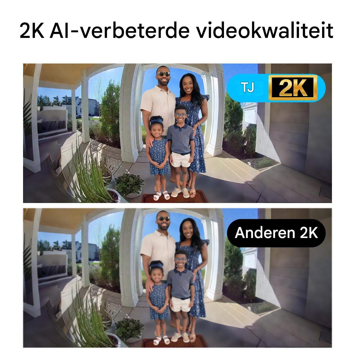 Familie vor Haus, oben 2K AI-Qualität, unten Standard 2K-Qualität.