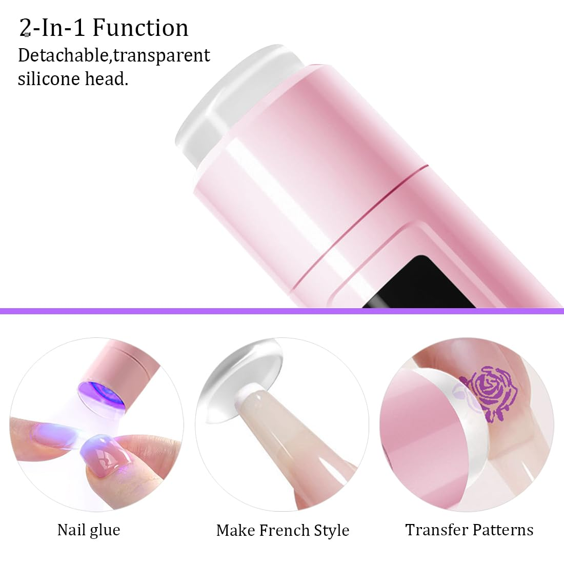 Ein rosa Nagellackstift mit abnehmbarem Silikonkopf, der zum Auftragen von Kleber dient.