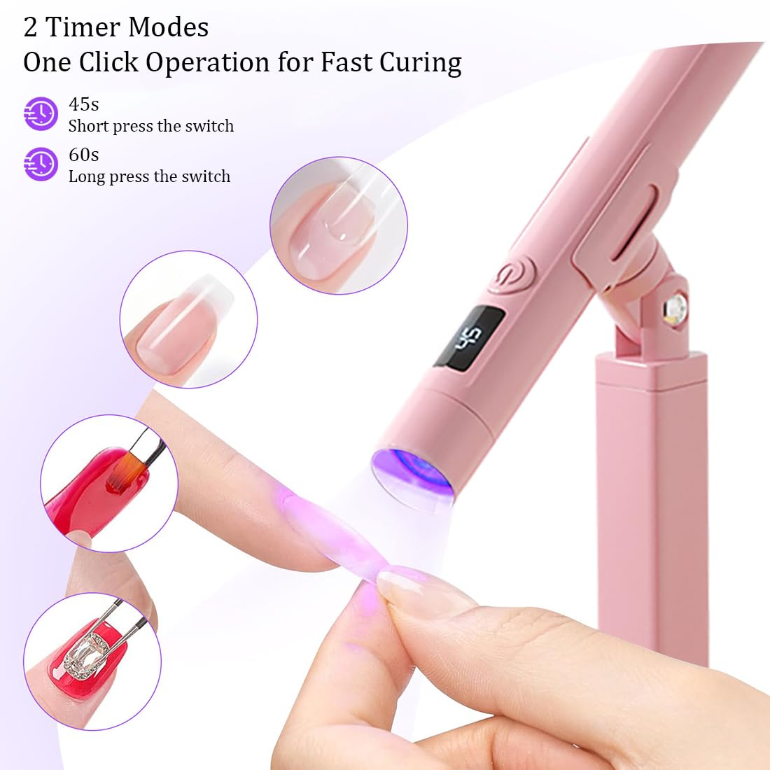 Eine rosafarbene Nagellampen-Halterung mit UV-Licht und einer Hand, die eine Nagelverlängerung hält.