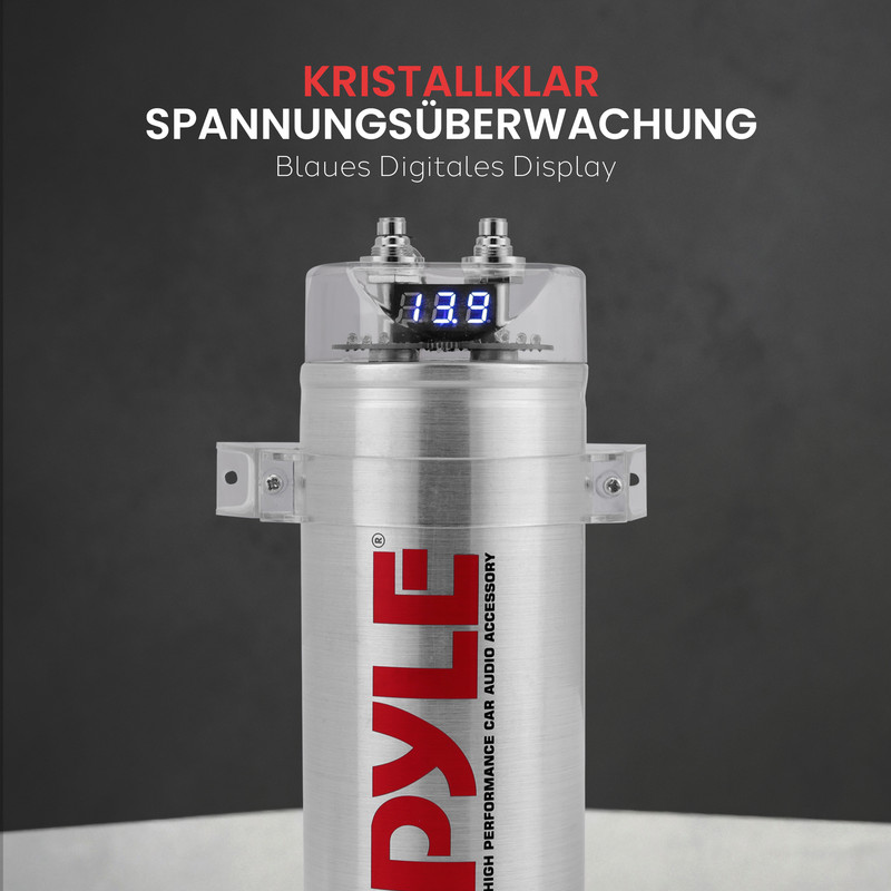 Silberner Kondensator mit blauer Digitalanzeige von Pyle.