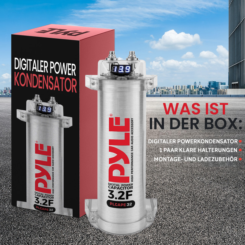 Ein silberner Pyle Kondensator mit digitaler Anzeige steht neben einer roten Box.