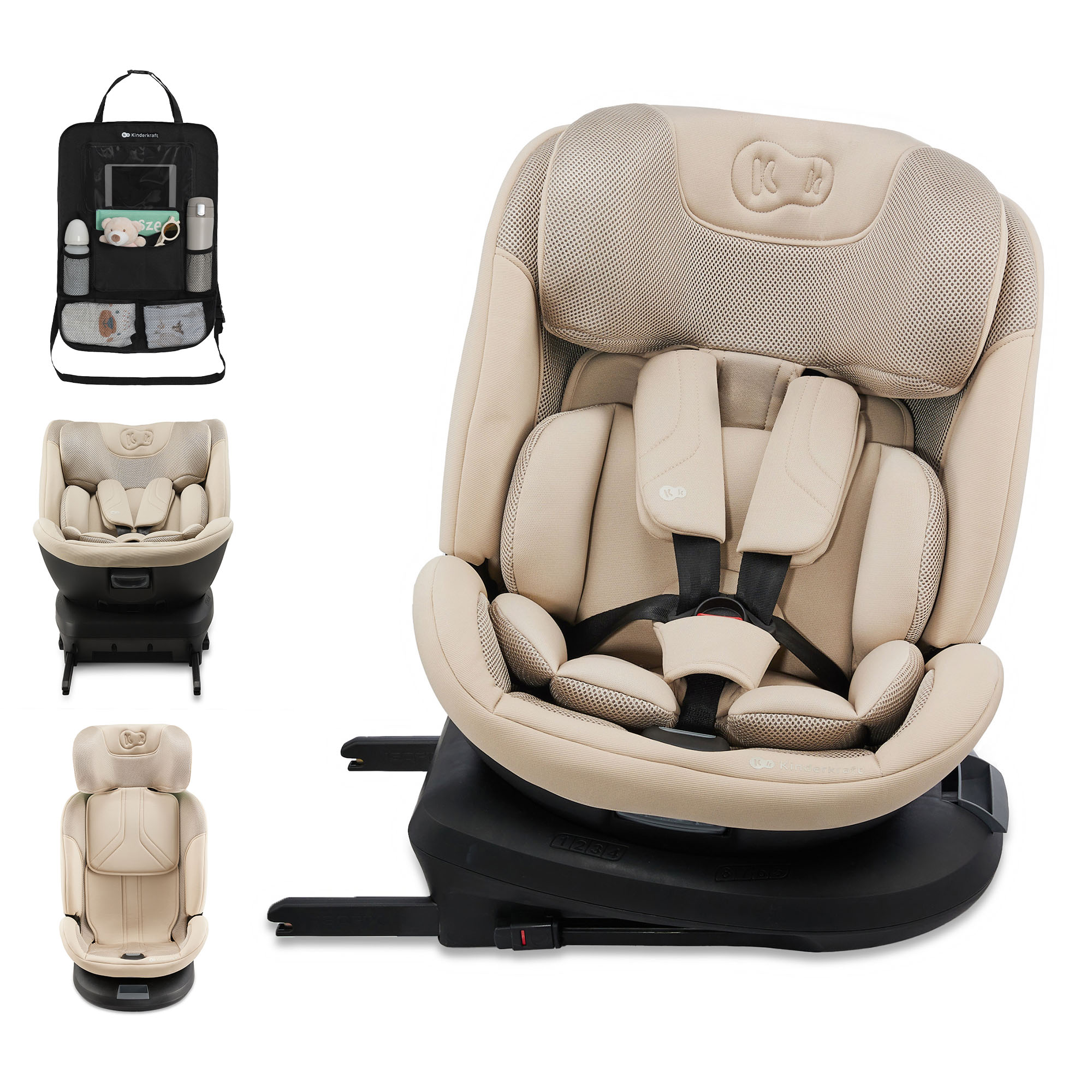 Beiger Kindersitz mit 5-Punkt-Gurt und schwarzer Basis. Zubehör auf der linken Seite.