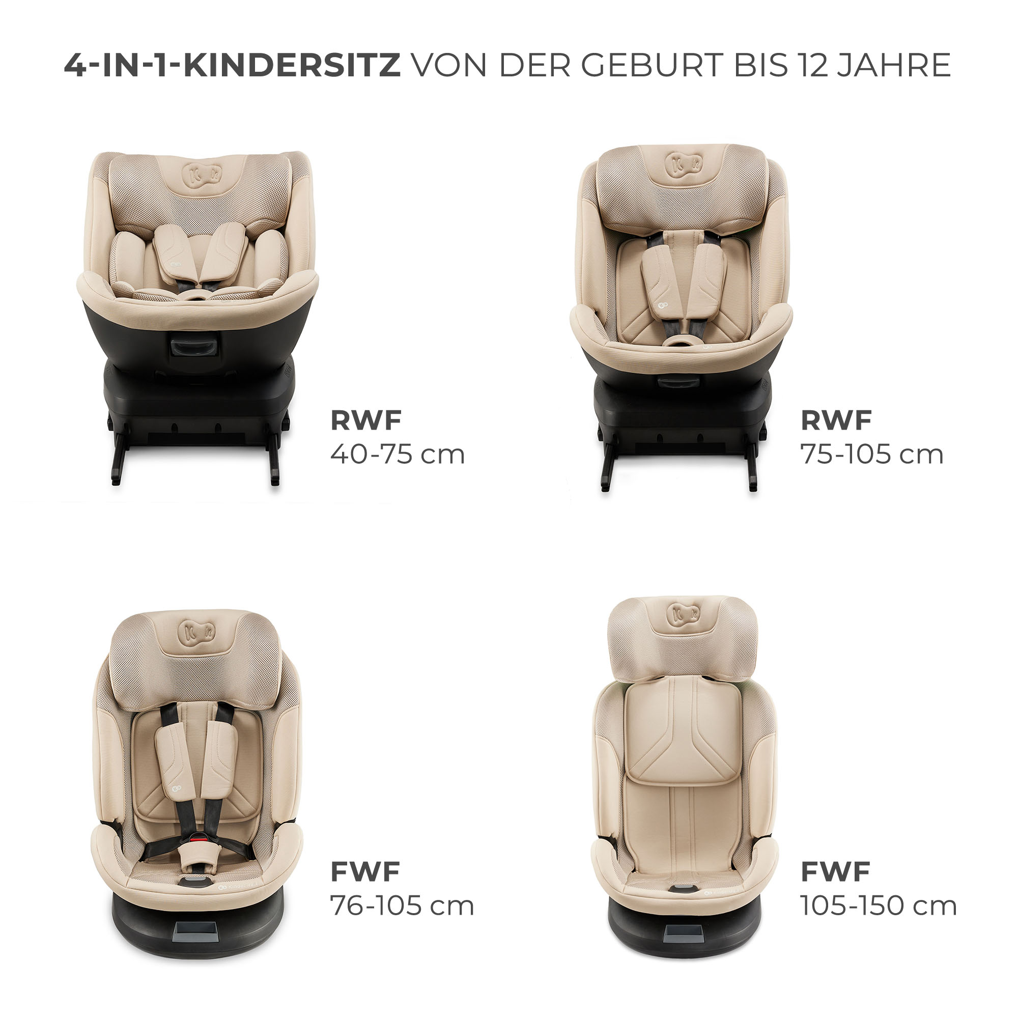 Vier beige Kindersitze in verschiedenen Größen und Modi.