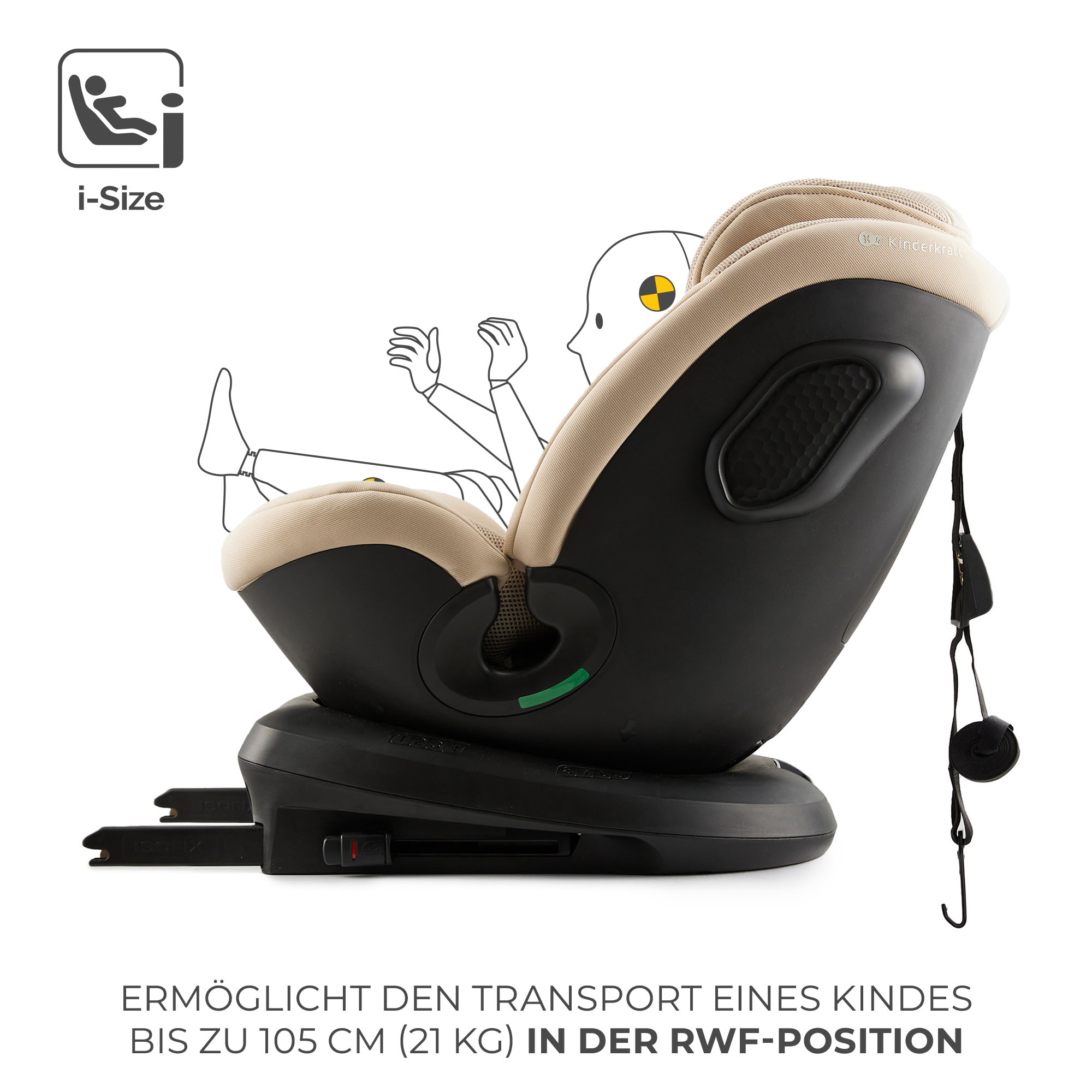 Ein beiger Kindersitz mit i-Size-Logo und einer Zeichnung eines Dummys.