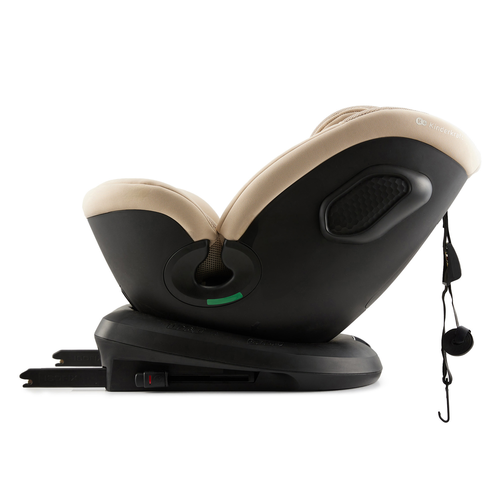 Ein beiger Kindersitz auf schwarzer Basis mit Isofix-Haken.