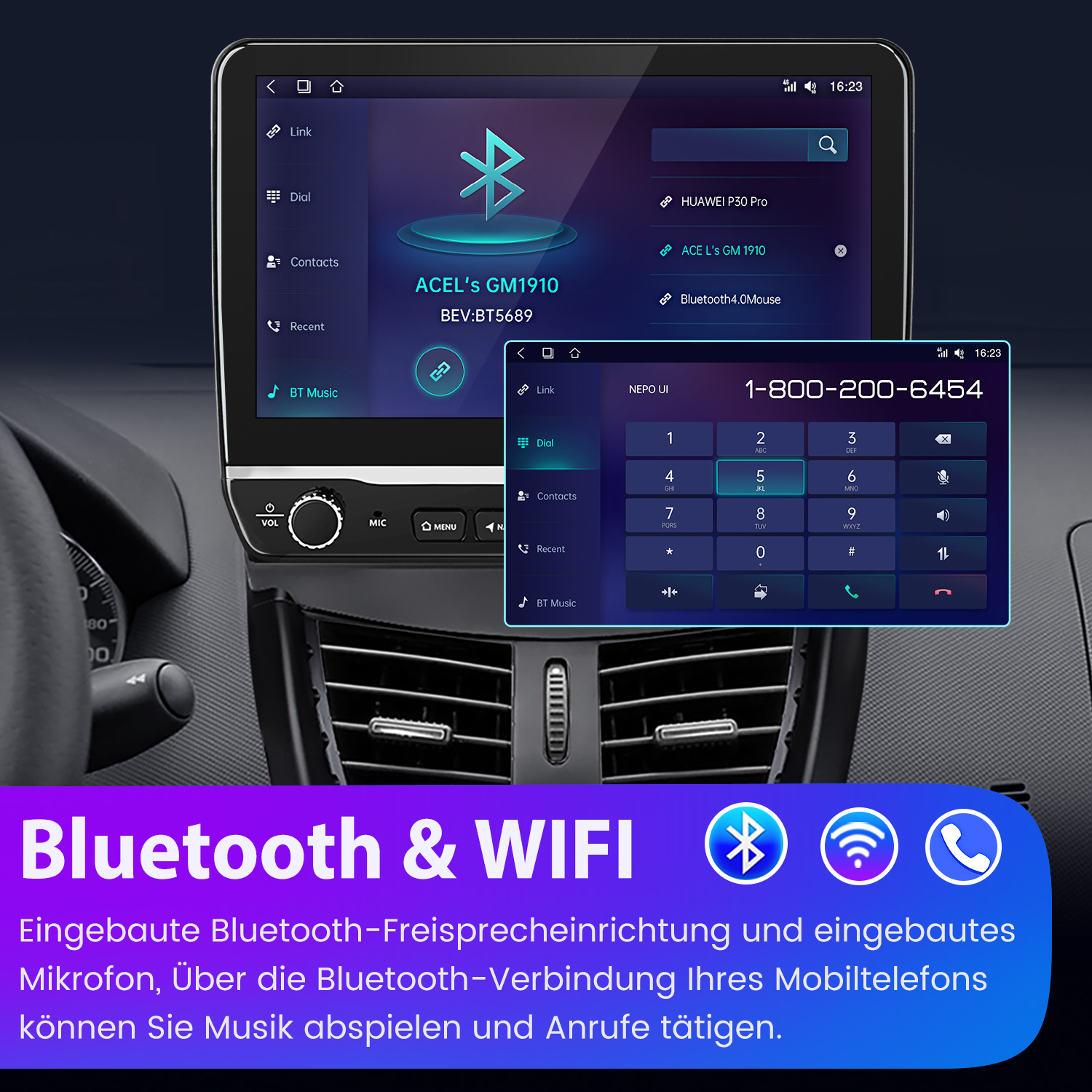Ein Auto-Infotainmentsystem zeigt eine Telefon-App mit Tastatur und eine Liste verbundener Geräte.