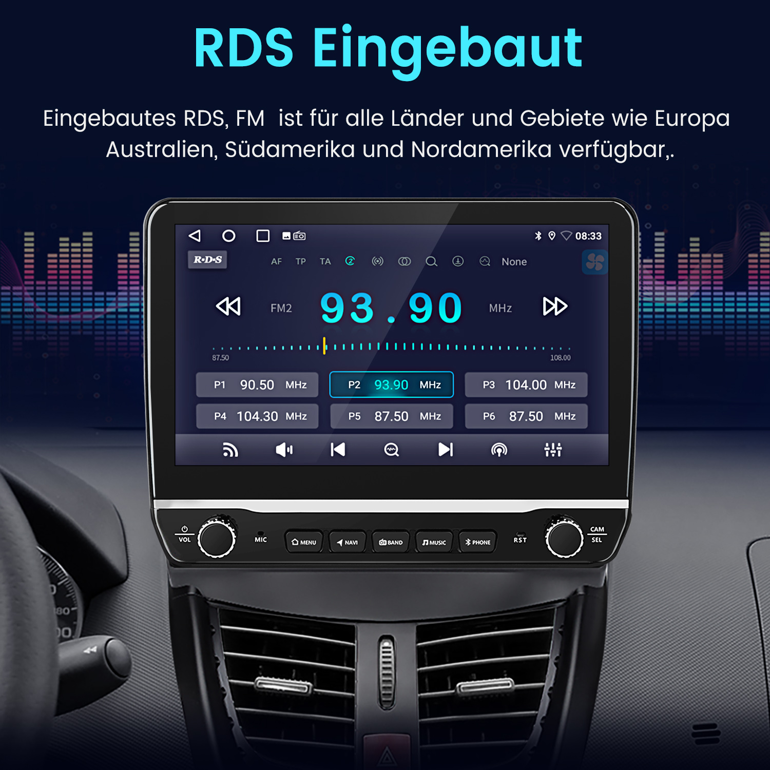 Ein Autoradio-Touchscreen zeigt 93.90 MHz FM2 an, mit Sender-Voreinstellungen.