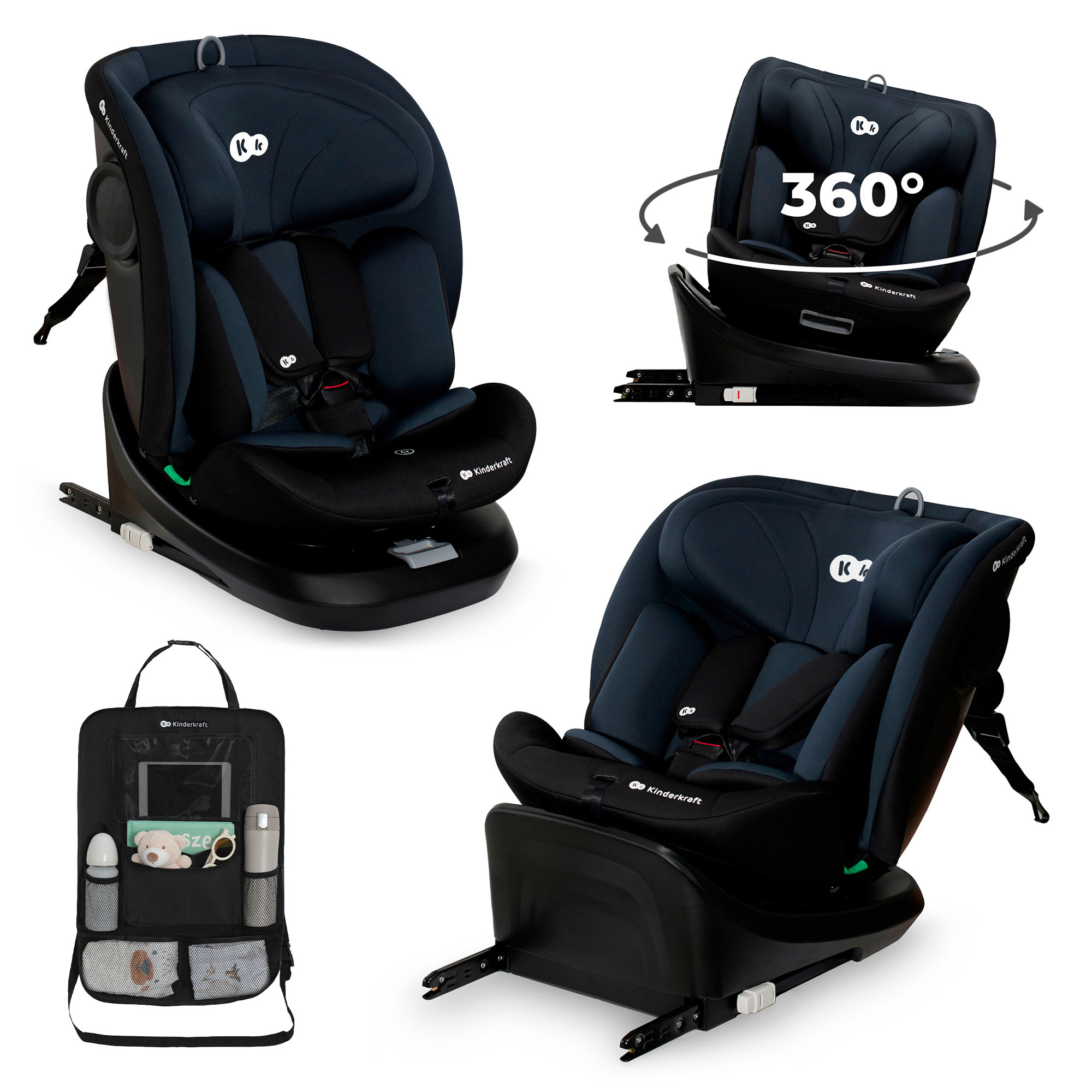 Dunkelblauer Kindersitz mit 5-Punkt-Gurt und Isofix-Basis, daneben eine Organizer-Tasche.
