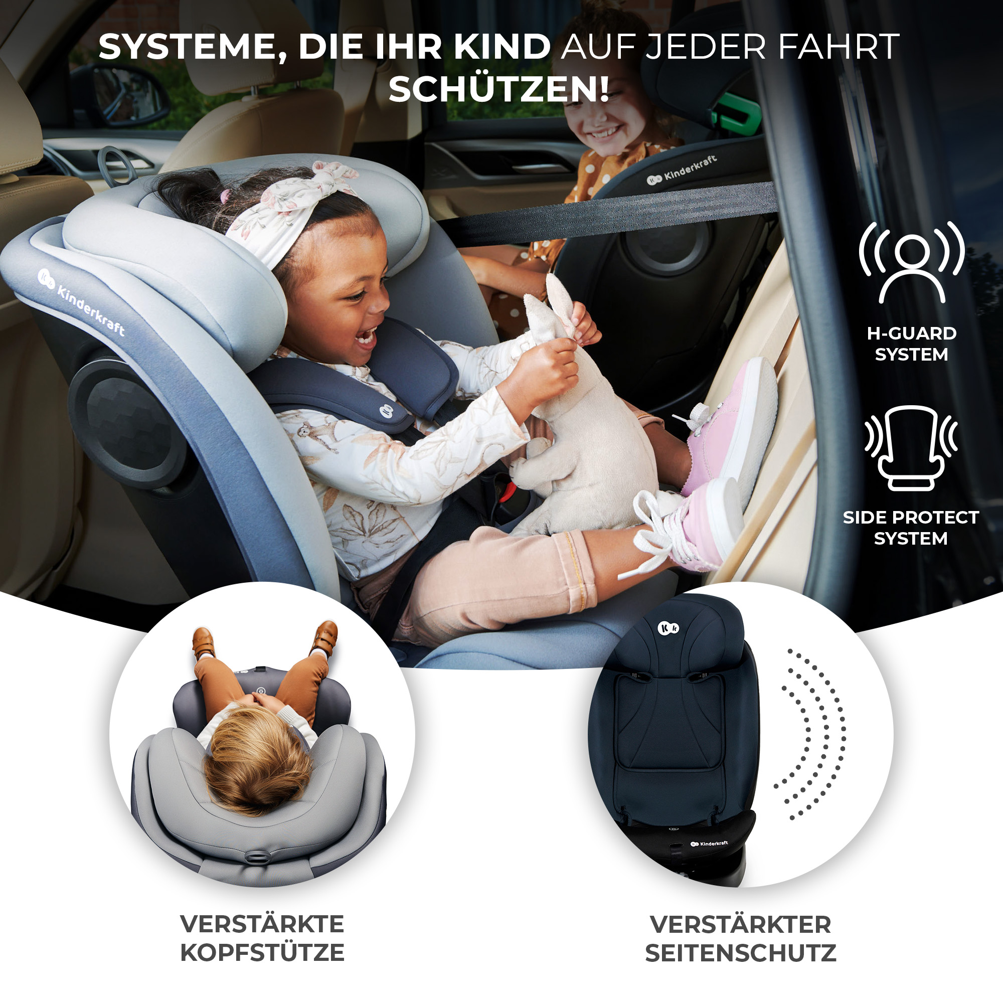 Kinder in Kindersitzen mit H-Guard und Seitenschutzsystem.