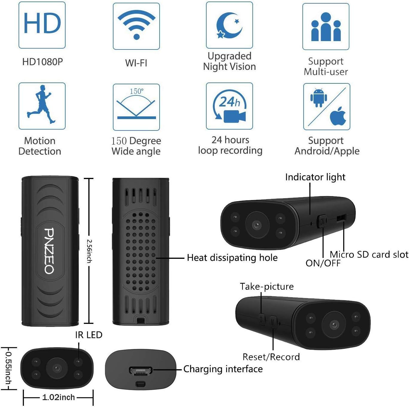 Schwarz, kompakte Kamera mit Beschriftungen: HD1080P, WLAN, Nachtsicht, Mehrbenutzer, Bewegungserkennung.