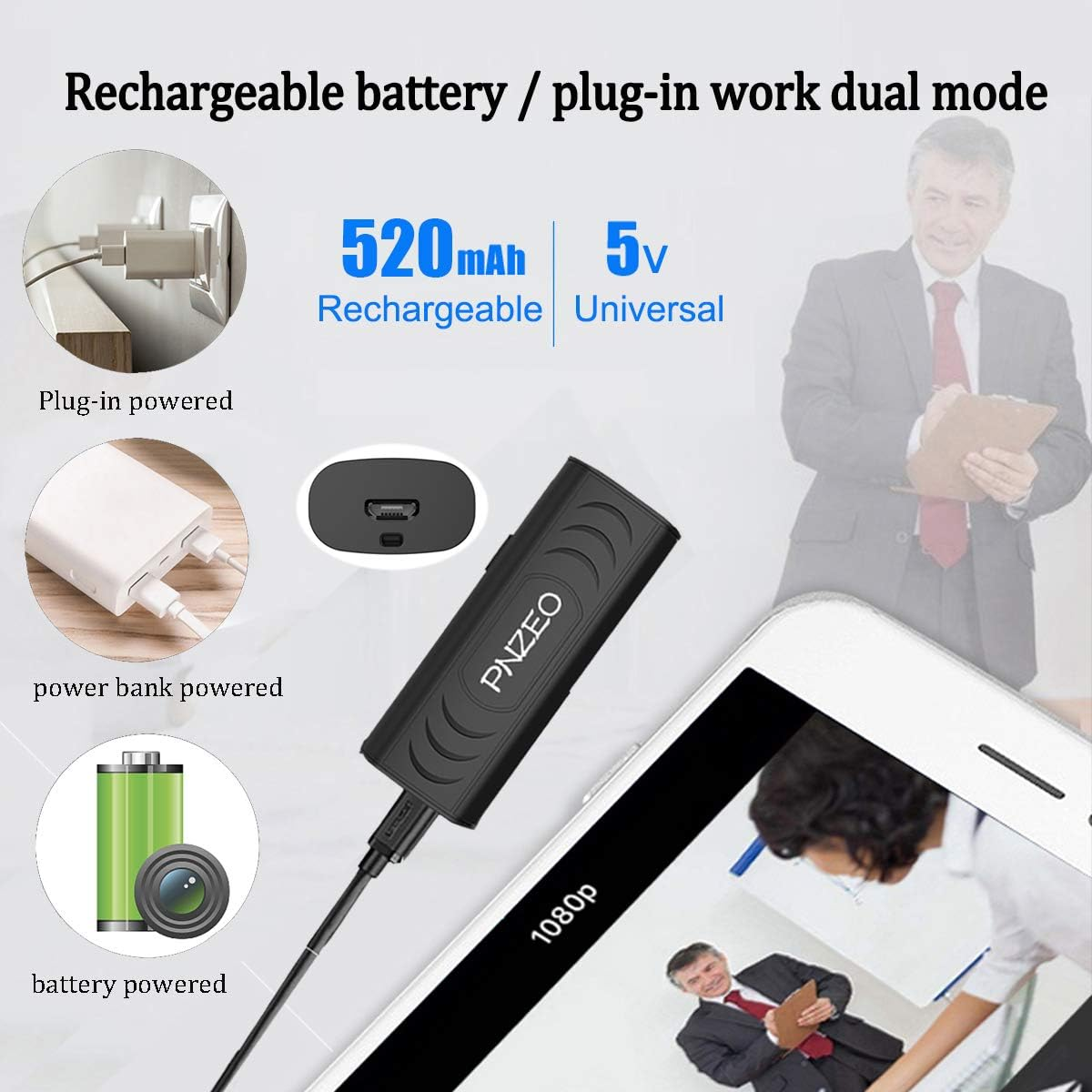 Anzeige von Ladeoptionen: Netzteil, Powerbank, Akku, 520 mAh, 5V.