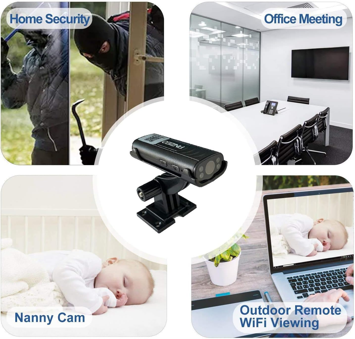 Collage zeigt Heimschutz, Bürobesprechung, Nanny-Cam u. Fernanzeige.
