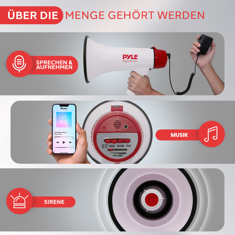Megafon mit Aufnahmemodus, Musikwiedergabe und Sirenenfunktion.