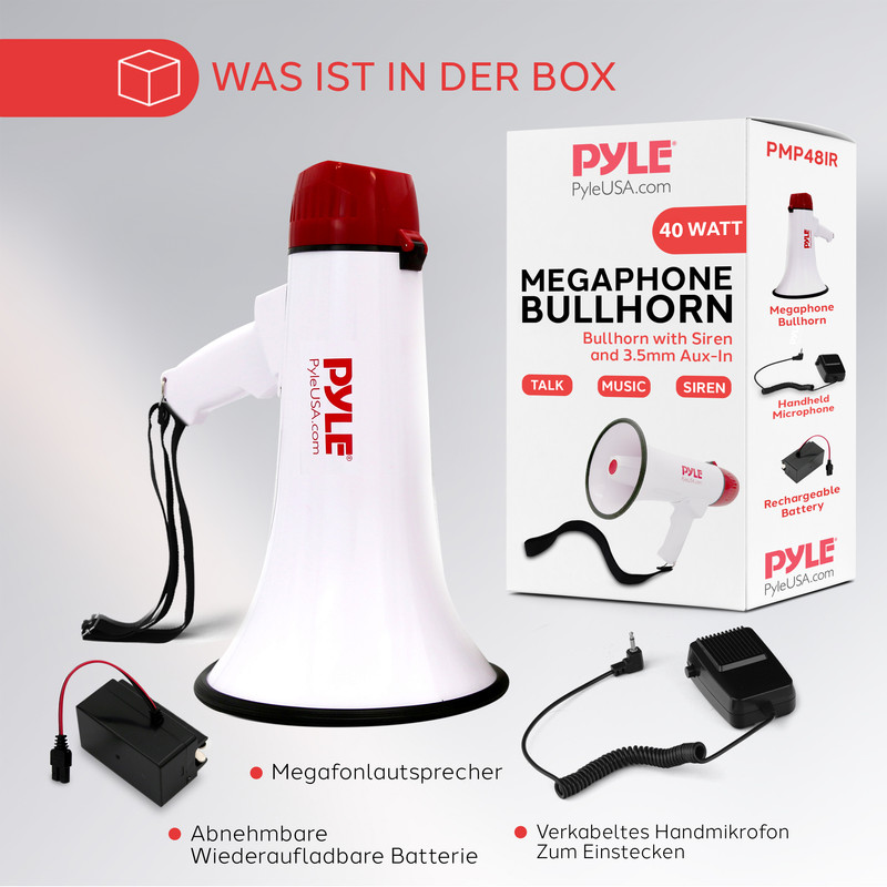 Ein weißer Megafon-Bullhorn mit rotem Griff, daneben ein Mikrofon und eine Batterie.