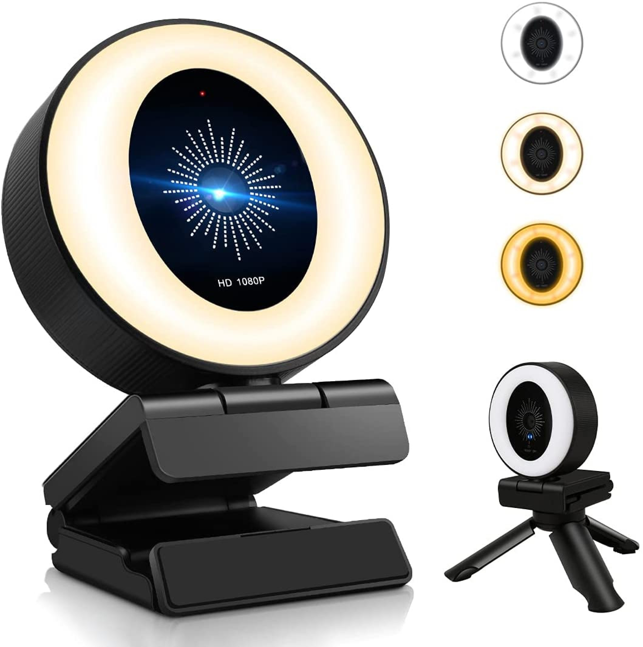 Eine schwarze Webcam mit Ringlicht, die auf einem verstellbaren Ständer montiert ist. Daneben sind drei kleinere Bilder.