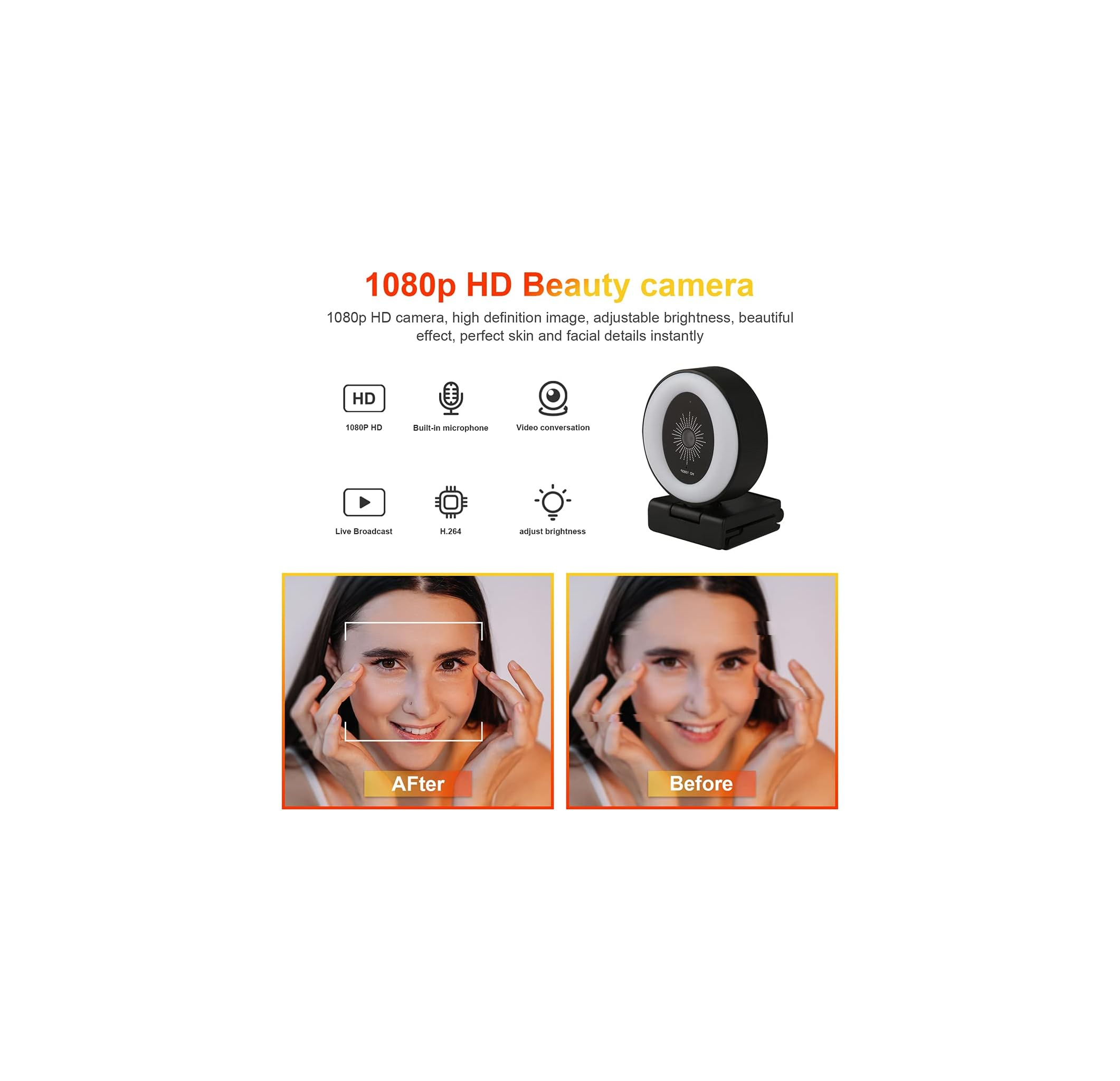1080p HD Schönheitskamera mit Funktionen: 1080p HD, Mikrofon, Video, Übertragung, H.264, Helligkeit.