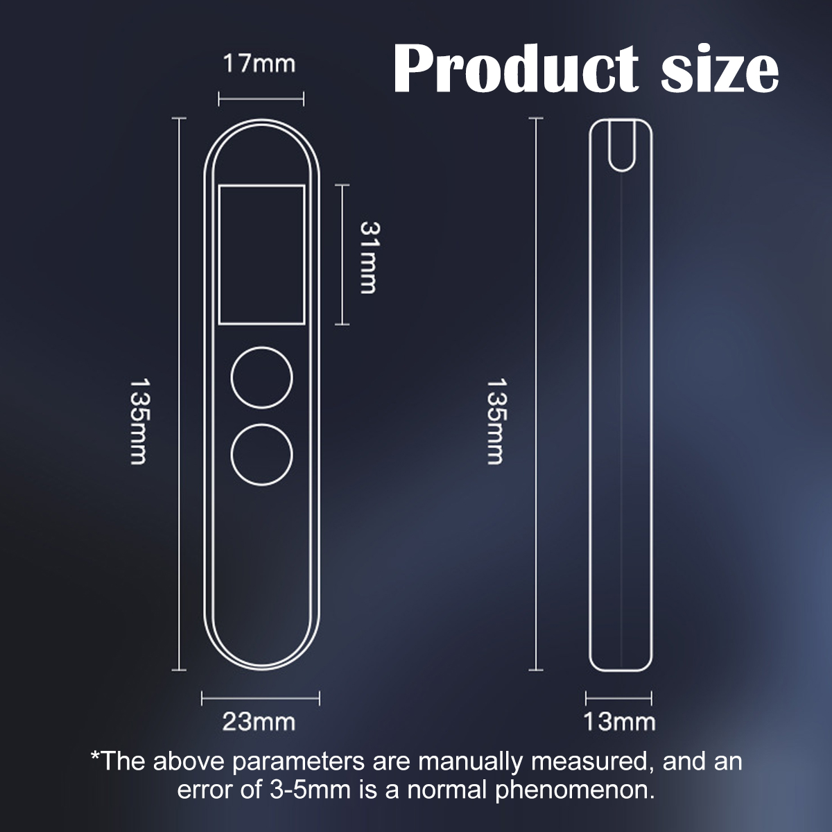 Produktabmessungen: L 135mm, B 23mm, H 31mm. Seitenansicht: L 135mm, B 13mm.