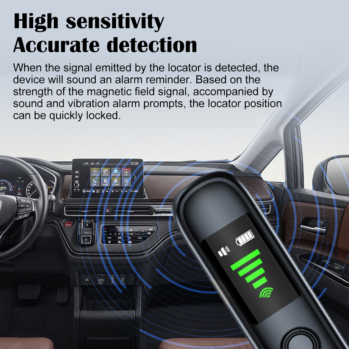 Ein Handgerät mit einem Display zeigt ein Signalstärke- und Batteriesymbol vor einem Auto-Armaturenbrett.