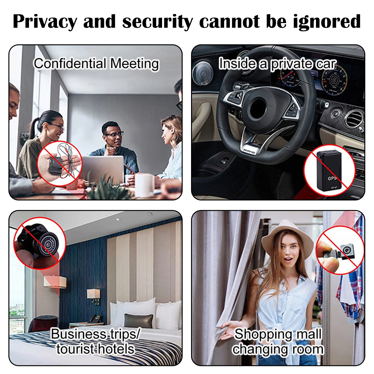 Vier Szenen: Besprechung, Auto, Hotelzimmer, Umkleidekabine. Überwachung und Privatsphäre.