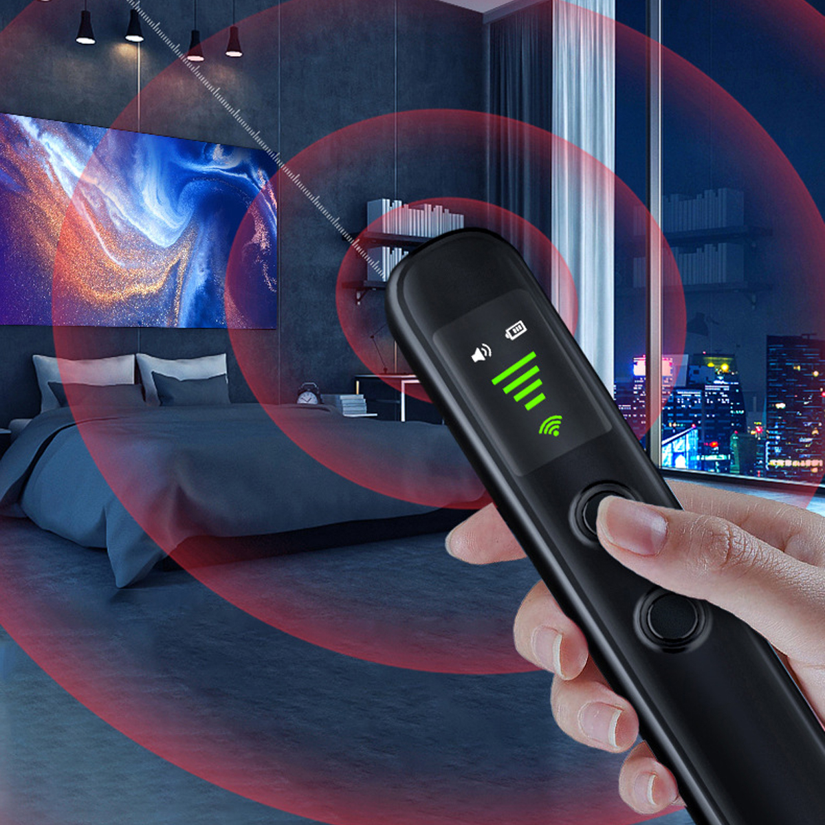 Ein schwarzer Smartpen wird in einem Schlafzimmer gehalten, mit roten Wellen, die vom Stift ausgehen.