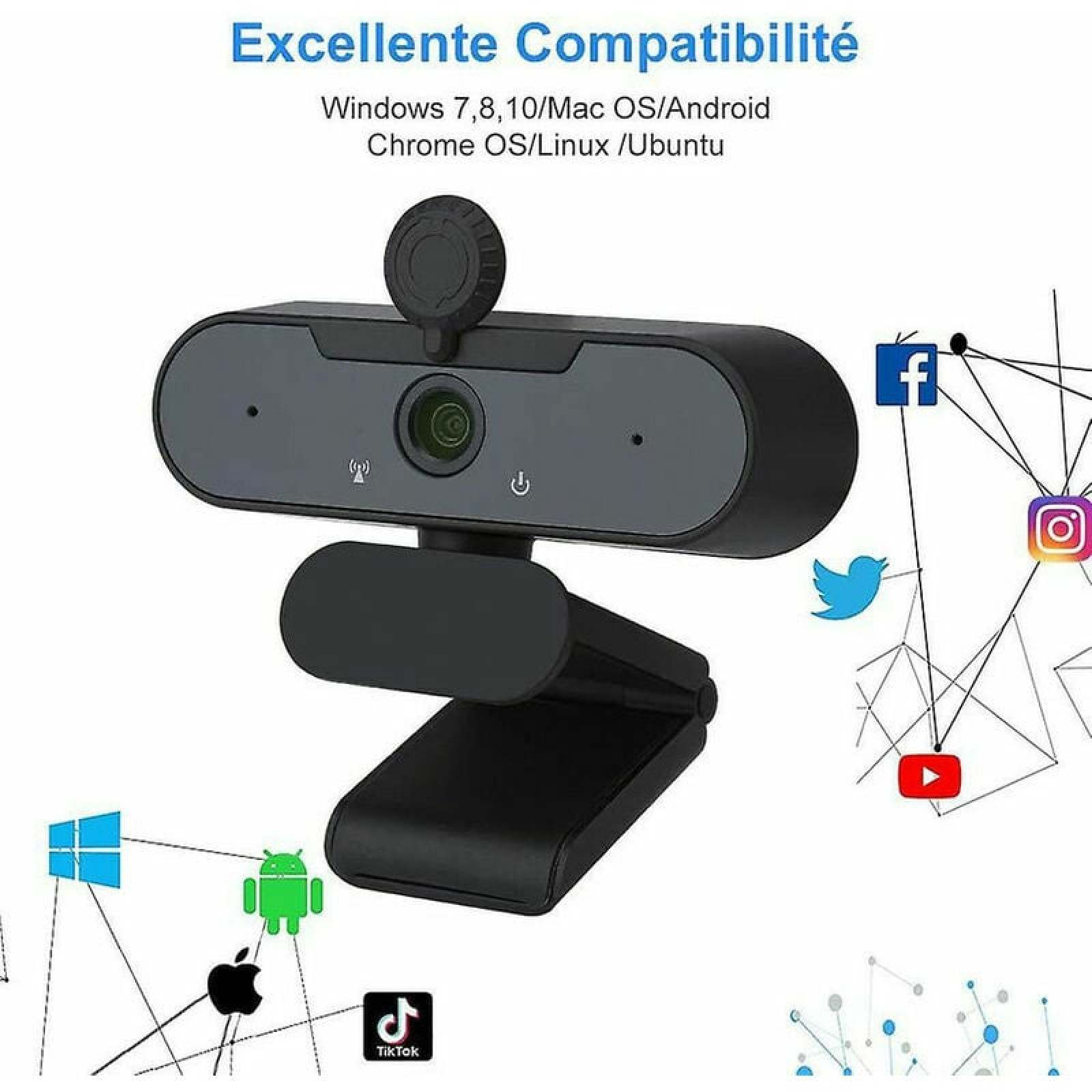 Eine schwarze Webcam mit verschiedenen Social-Media- und Betriebssystemsymbolen.