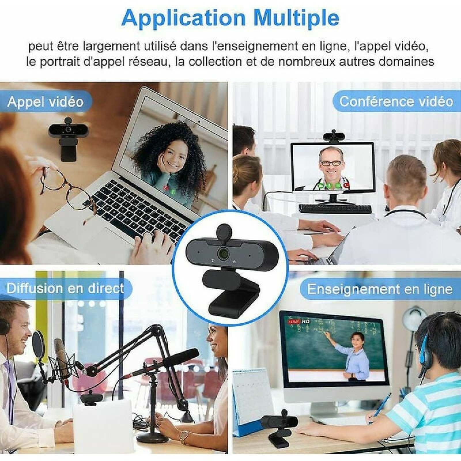 Collage zeigt Webcam-Anwendungen: Videoanrufe, Live-Streaming, Videokonferenzen, Online-Unterricht.