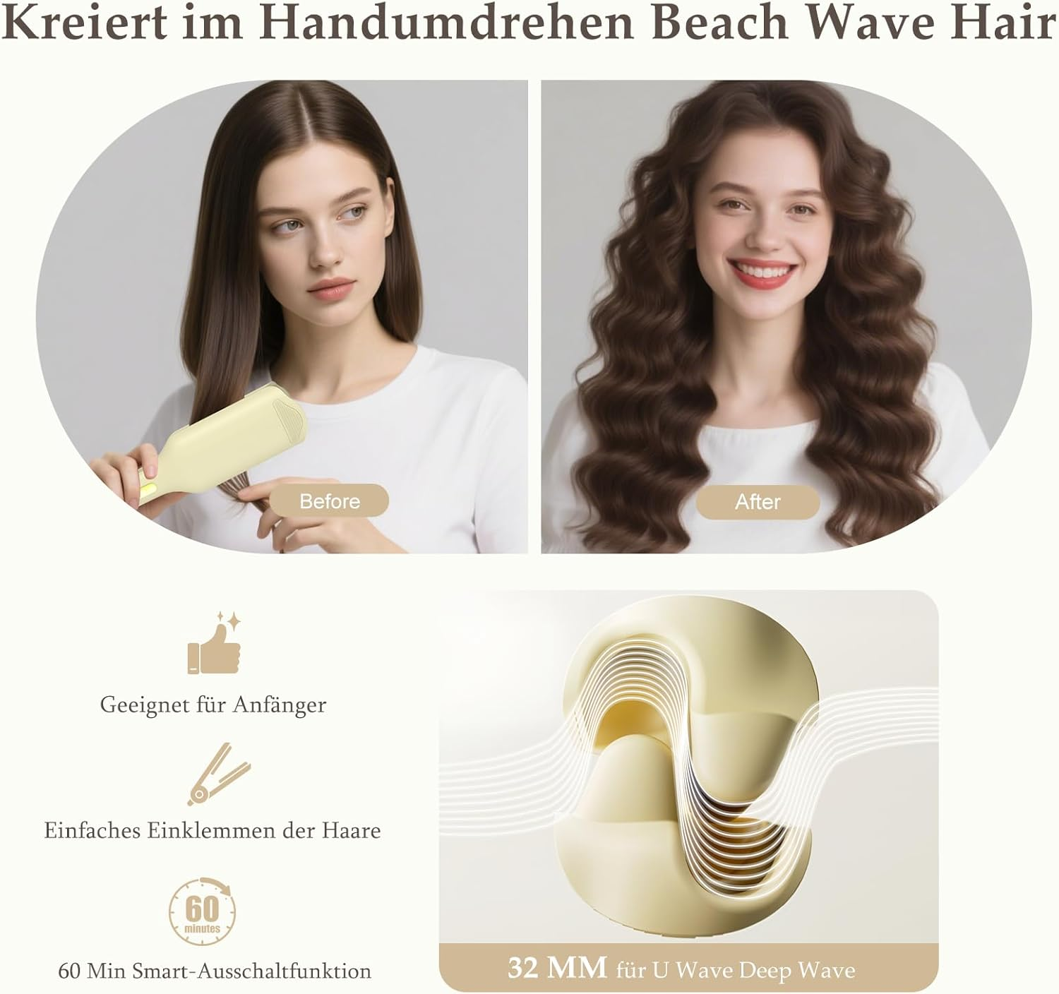 Vorher-Nachher-Vergleich von glattem zu gewelltem Haar. Details zu Funktionen.