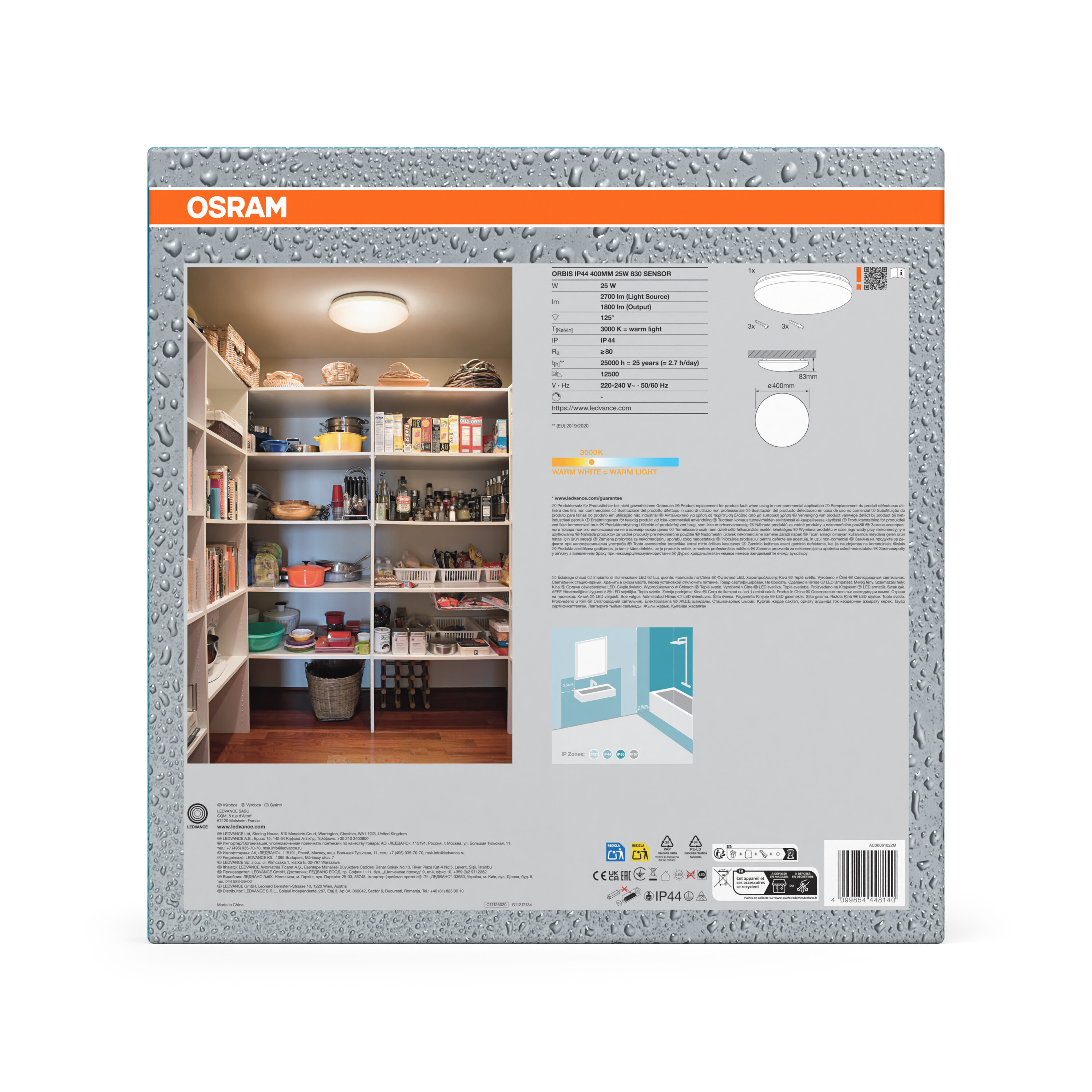 OSRAM LED-Deckenleuchte mit Sensor, 400mm, 25W, 3000K warmweiß, IP44.