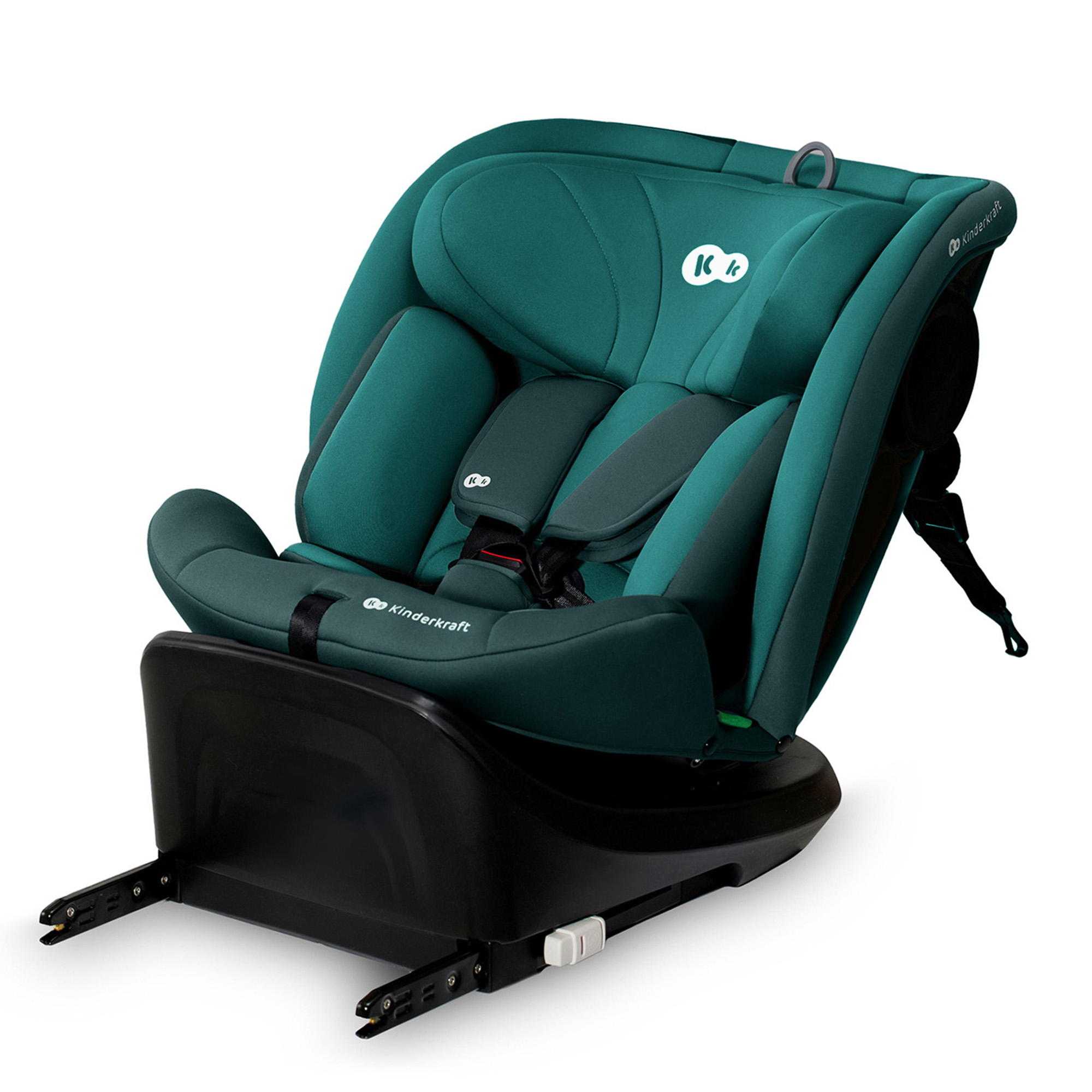 Ein dunkelgrüner Kindersitz mit schwarzer Basis und Gurten.